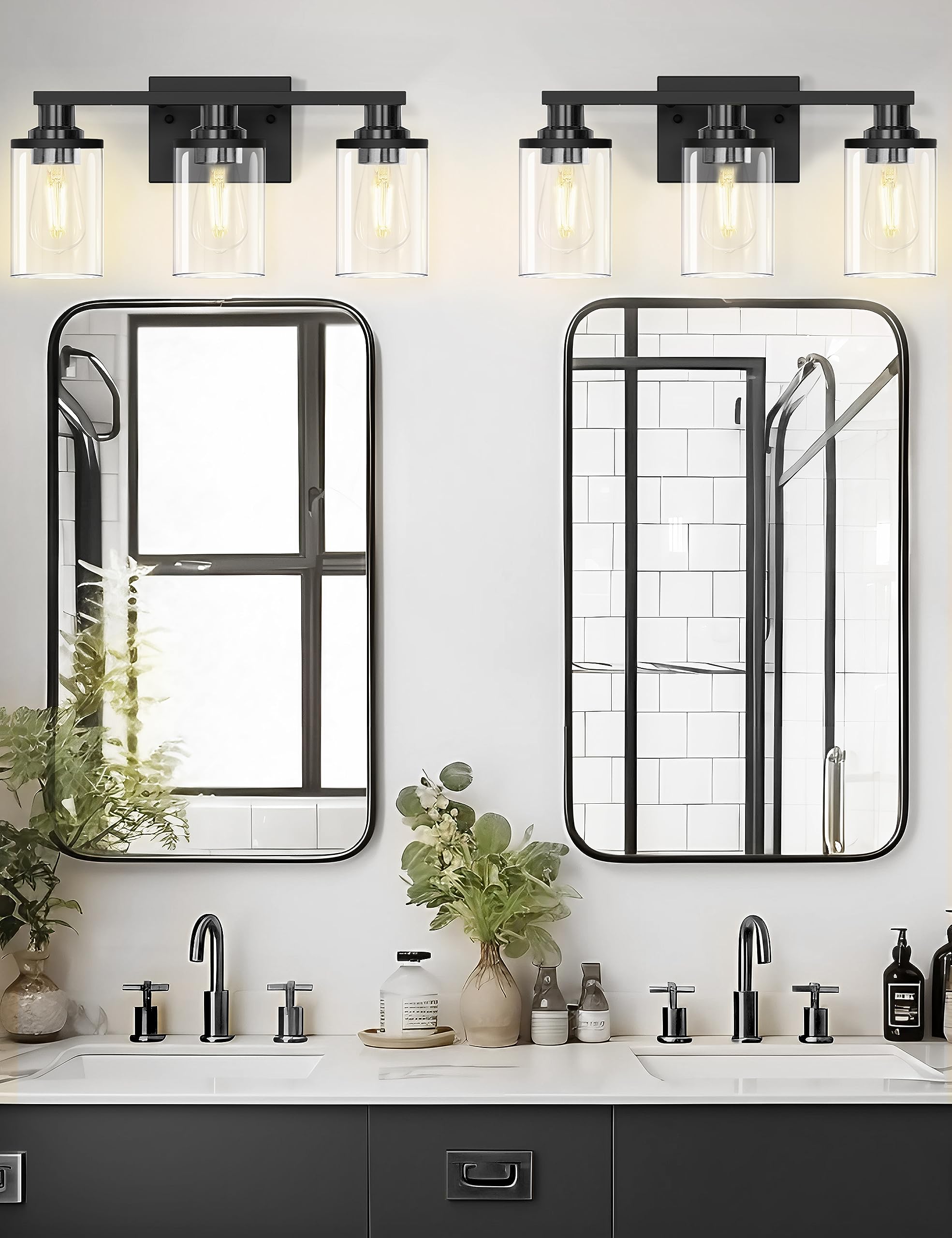 DORESshop 3-Light Bathroom Light Fixtures, Black Vanity Lights with Clear Glass Shade, Model D-JQD05T3BLE26(N)