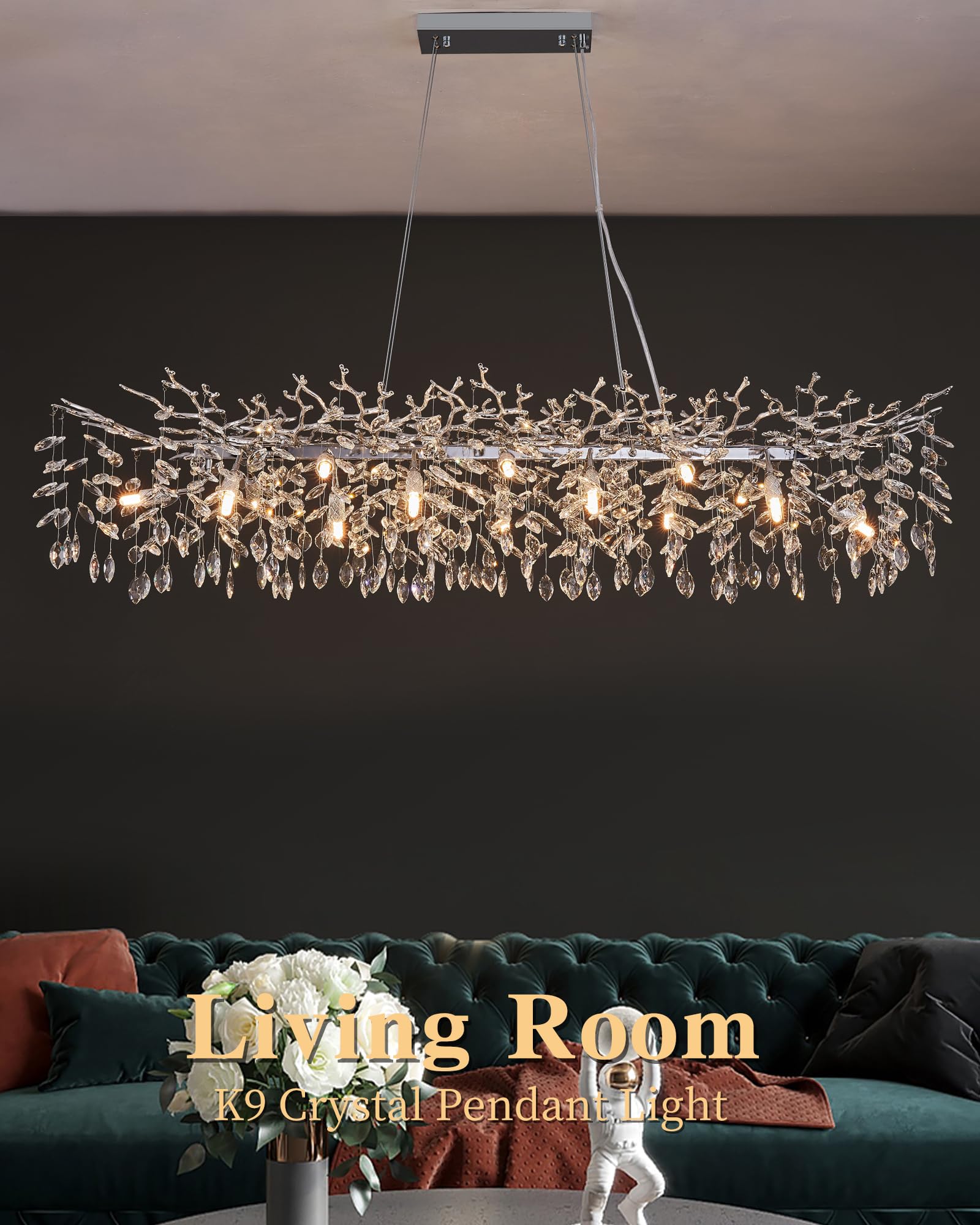 Modern Tree Branch Chandelier, 16 Lights Rectangular 59'' Crystal Silver Chandeliers Height Adjustable For Kitchen Island Dining