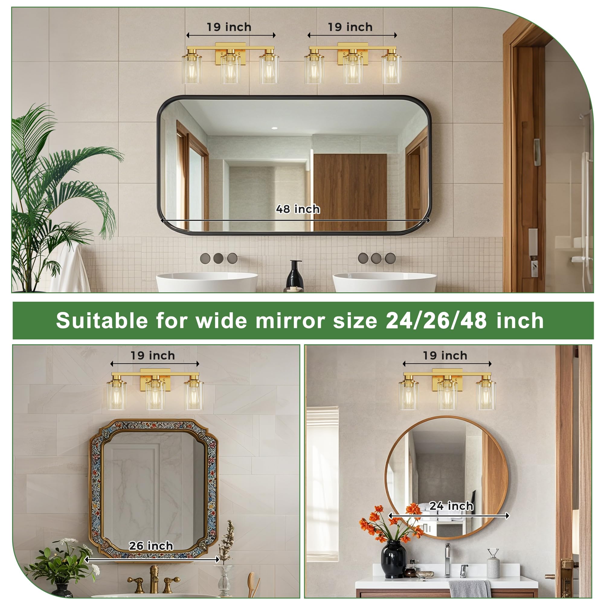Doresshop 20 Inch Bathroom Light Fixtures  3-Light Gold Bathroom Lighting Fixtures Over Mirror With Clear Glass Shade  Vanity Lights For Living Room Bedroom  Etl Listed