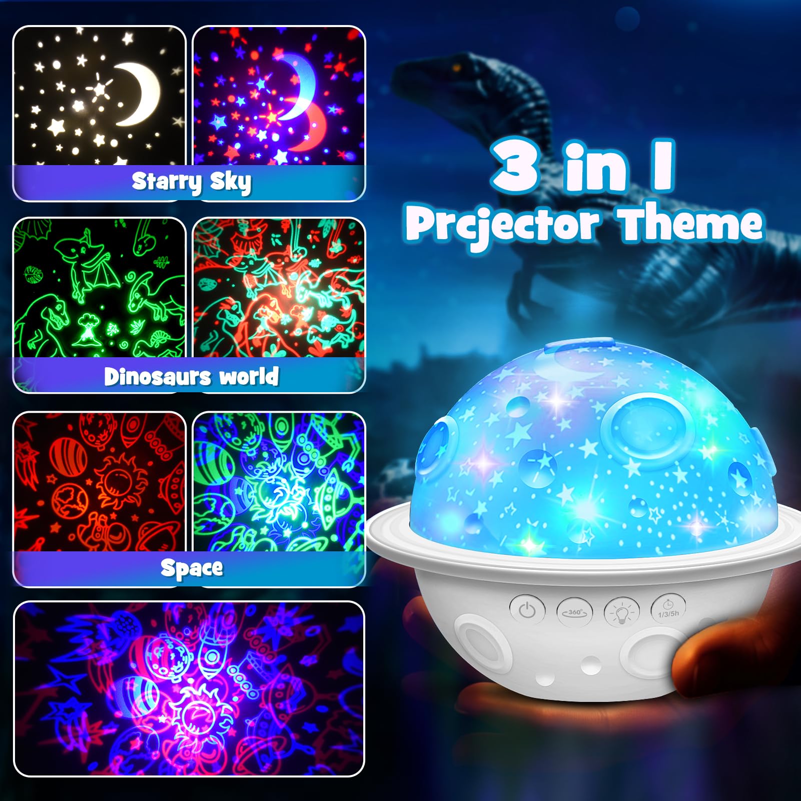 DEVRNEZ Night Light Lamp for Kids Room, 4 in 1 Dinosaur & Universe Projector, White, Model 007
