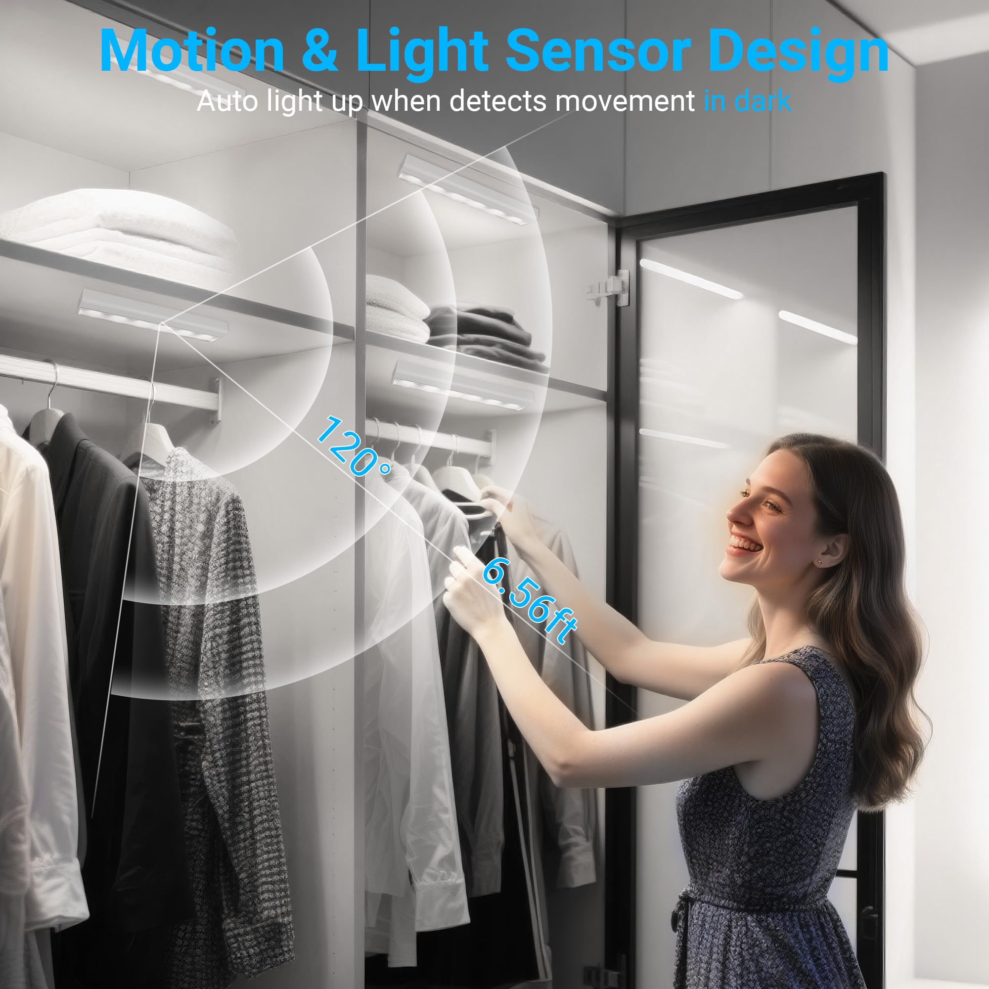 maylit 4 Pack Motion Sensor Closet Lights, Battery Operated LED Bar, Wireless, Cool White, Magnetic Indoor Lighting for Stairs, Shelves, and Cabinets