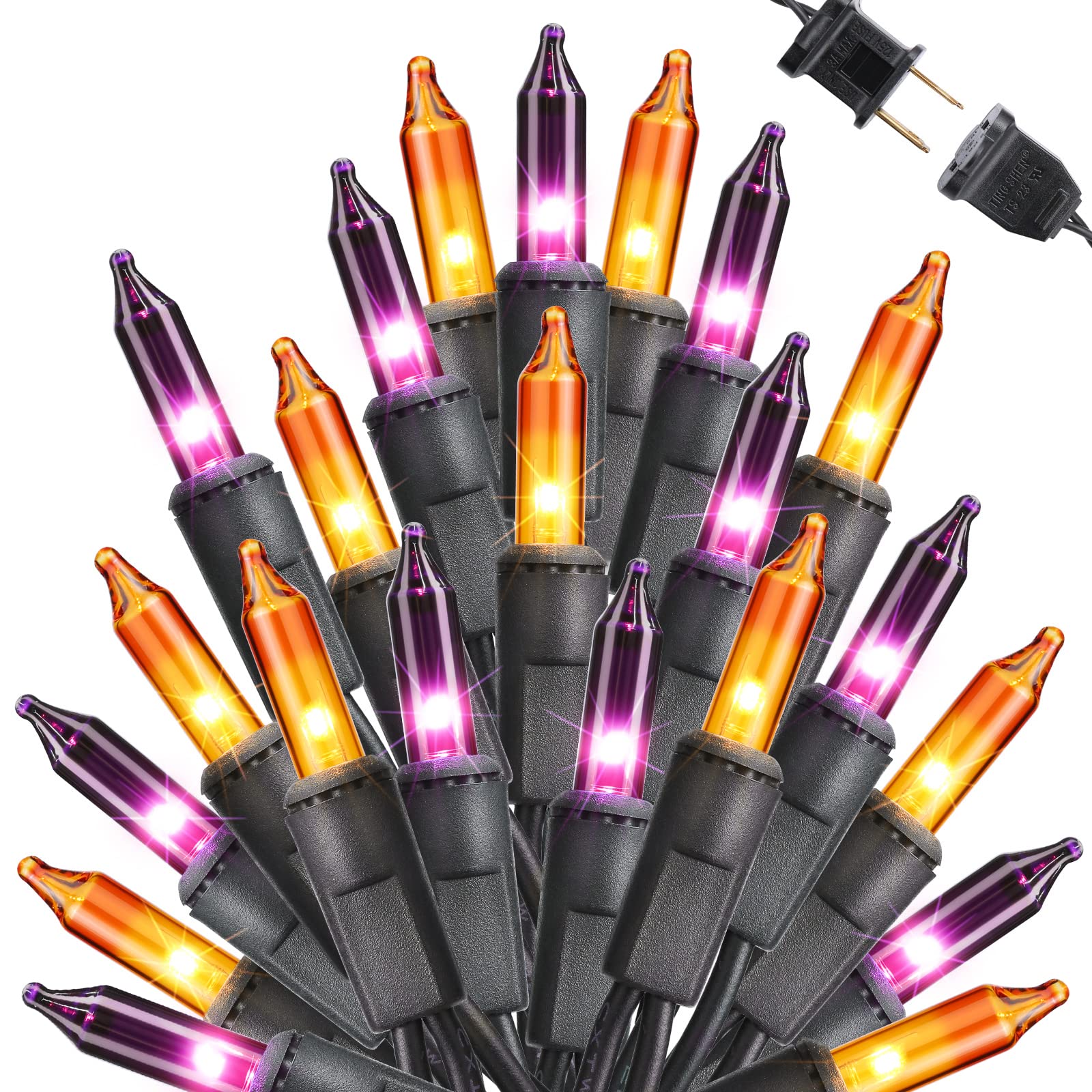 Toodour Halloween String Lights, 300 Count Mini Bulbs, 77ft, Orange & Purple, UL Certified, Black Wire