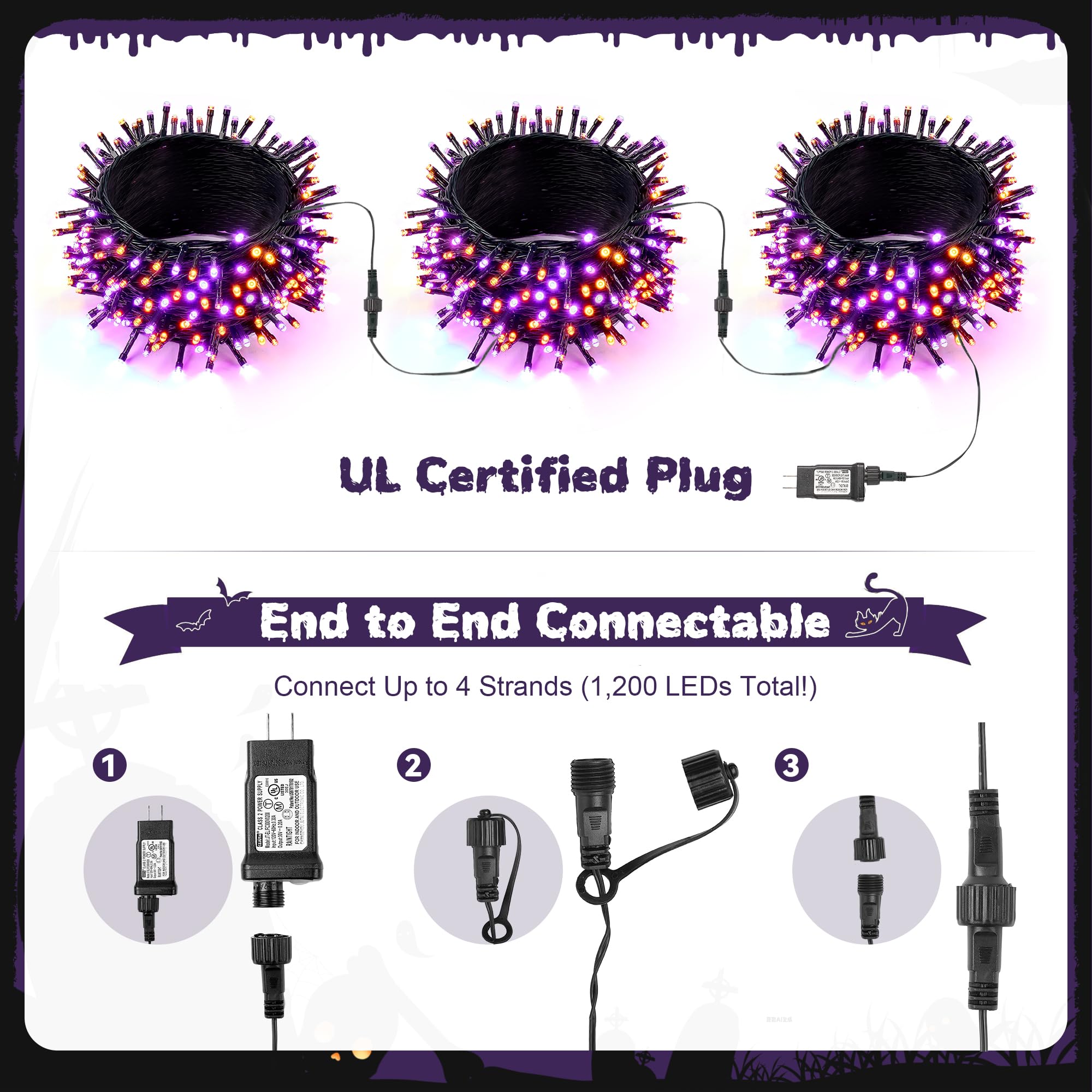 Wbao Halloween Lights Orange Purple 300Led 108Ft Super Bright String Lights  Ul Certified  8 Lighting Modes  Timer  Connectable  Memory & Waterproof For Indoor Outdoor Halloween Decorations