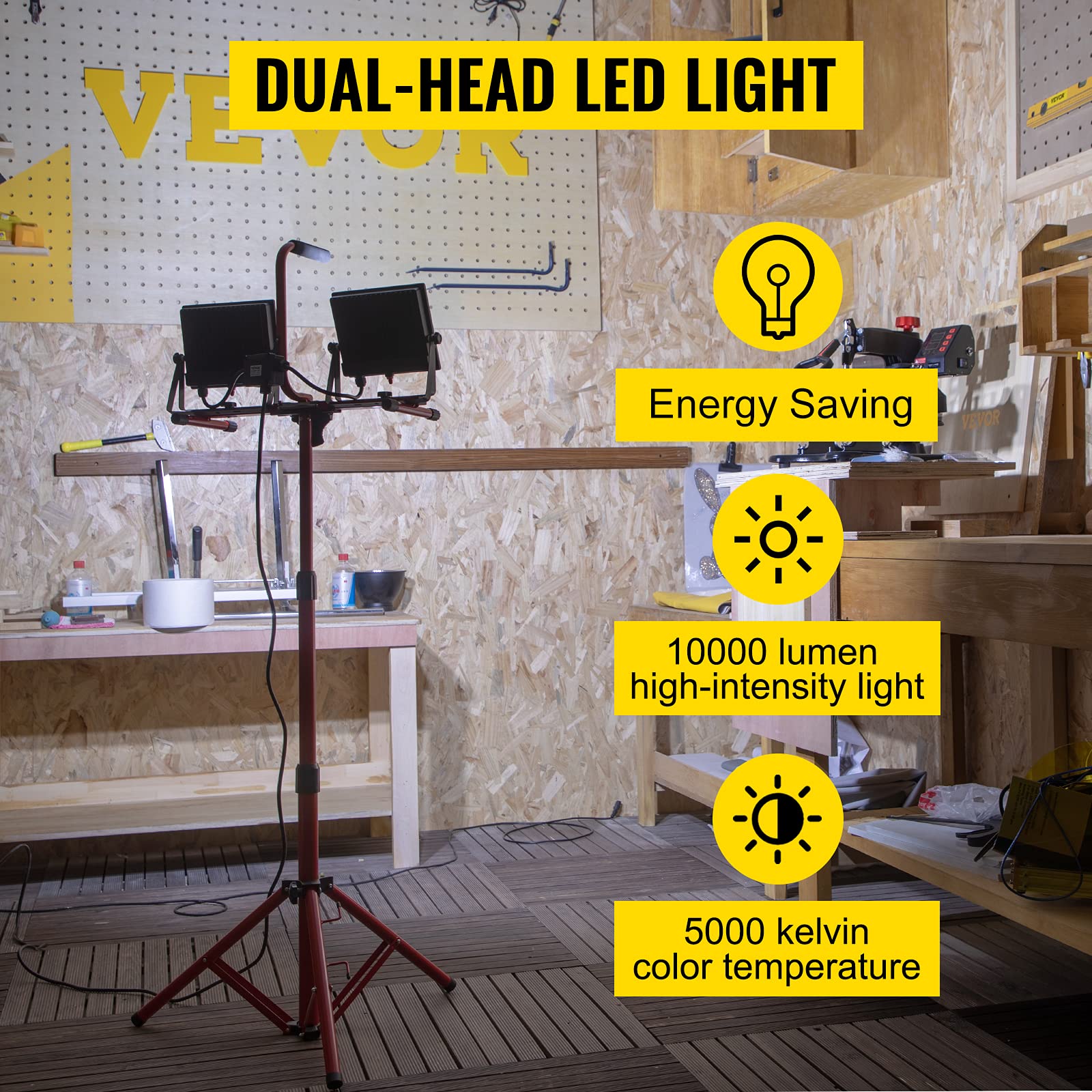 Vevor Led Work Light With Stand, 10000 Lumen Dual-Head Led Work Light With 27.6''-68.1'' Adjustable And Foldable Tripod Stand, I