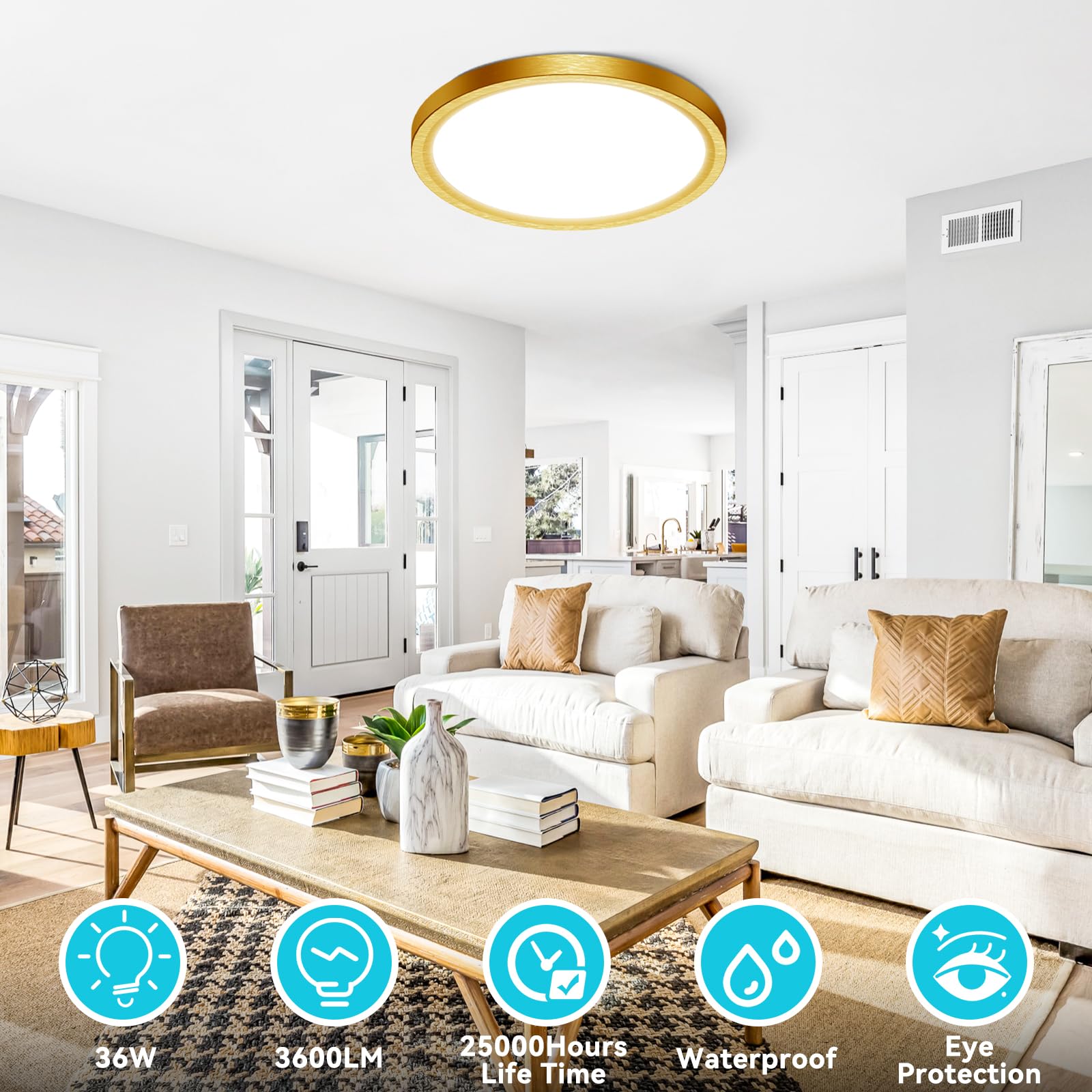 libtit 16-Inch Flush Mount LED Ceiling Light, 36W 3600lm, Adjustable 3000K-6500K, Gold Satin, 2 Pack