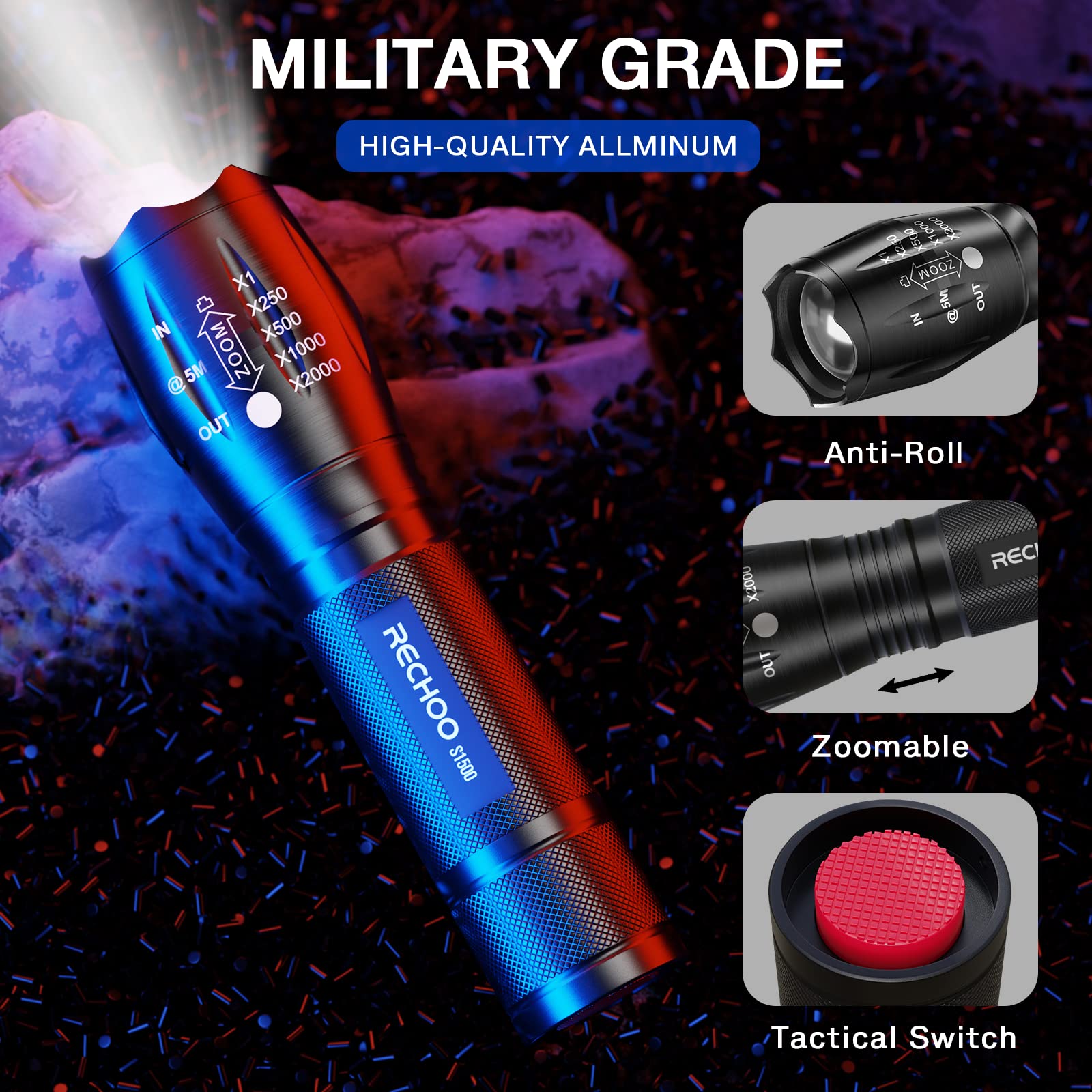 Rechoo Tactical Flashlights 2 Pack, Bright Zoomable Led Flashlights High Lumens With 5 Modes, Portable Small Flash Light For Camping Essential, Camping Flashlight