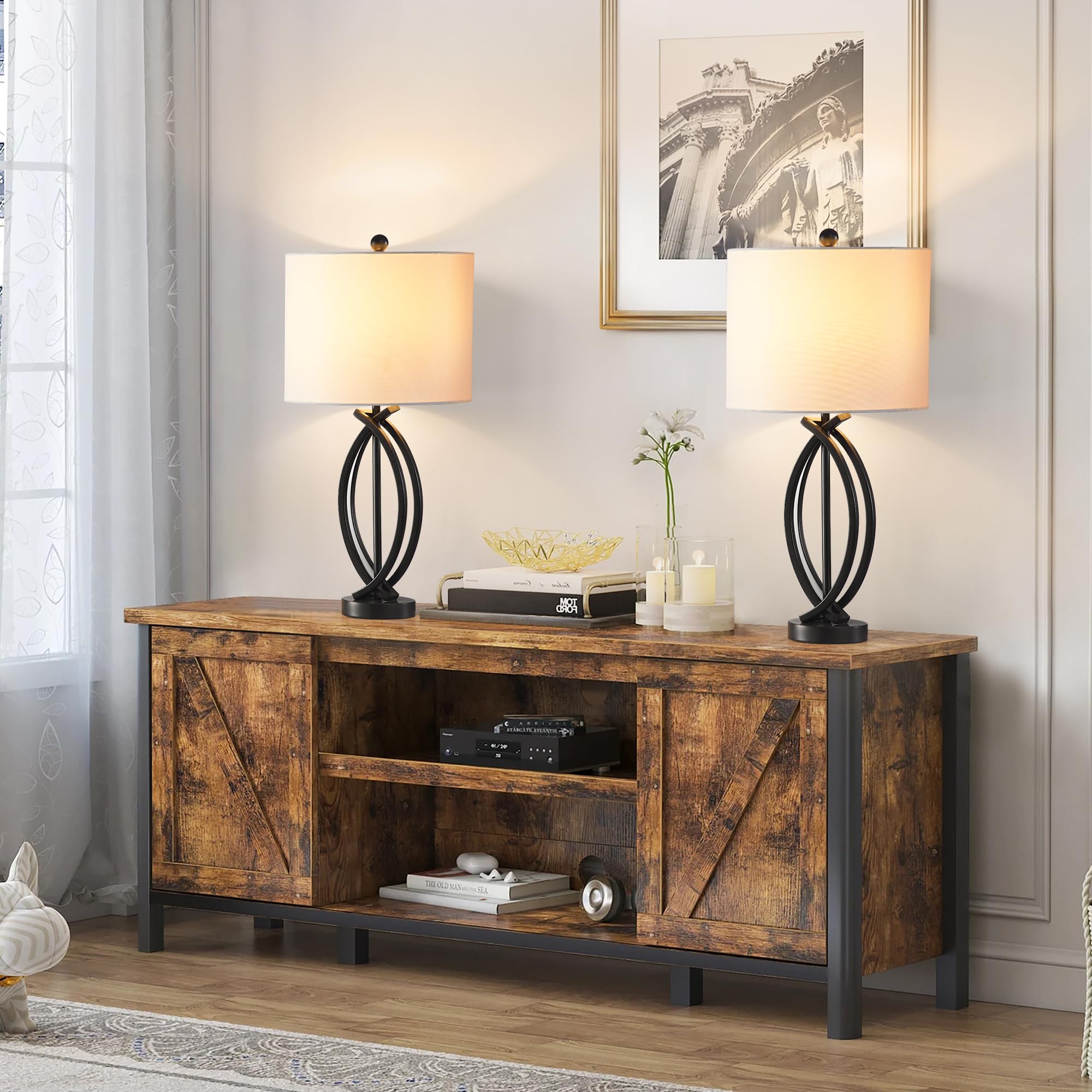 Hightry 26'' Industrial Table Lamps Set Of 2, 3-Way Dimmable Farmhouse Nightstand Lamps Black Metal Bedside Lamps With White Sha