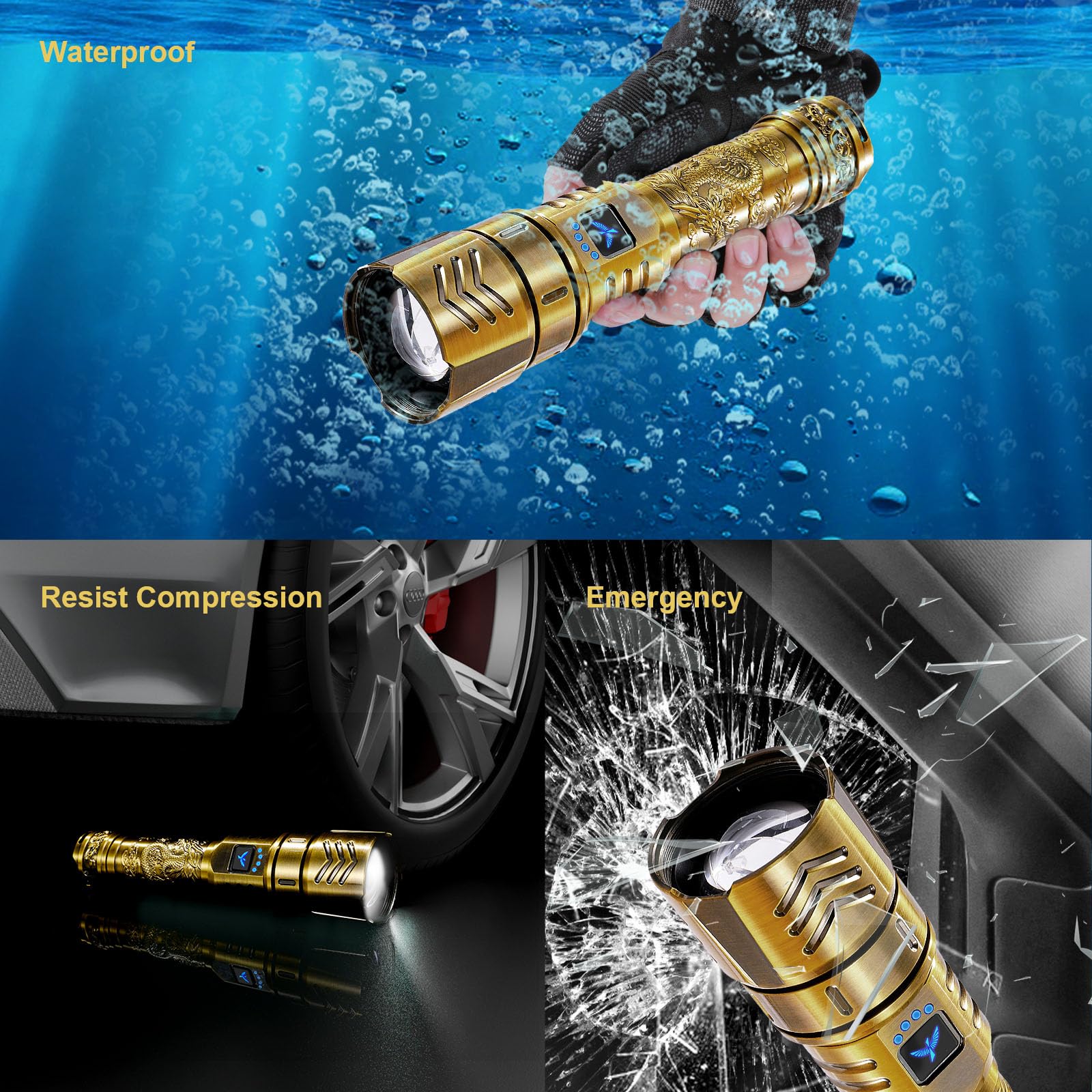 SKYFIRE Rechargeable Flashlight 3000lm Super Bright, Waterproof, Zoomable, Aluminum Alloy, Model SF-1097-Gold