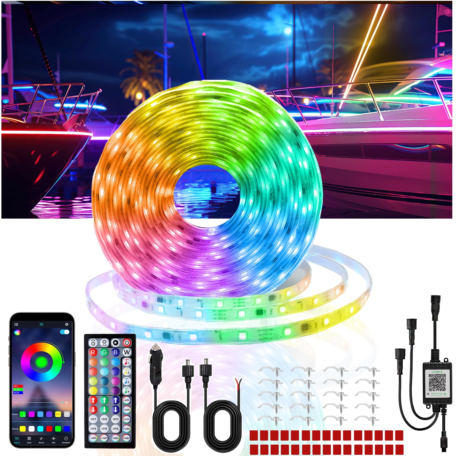 Yeenoon IC RGB LED Boat Strip Light, 32.8ft, IP68 Waterproof, Remote & App Control, Music Sync, Model 5050RGBIC12V30B