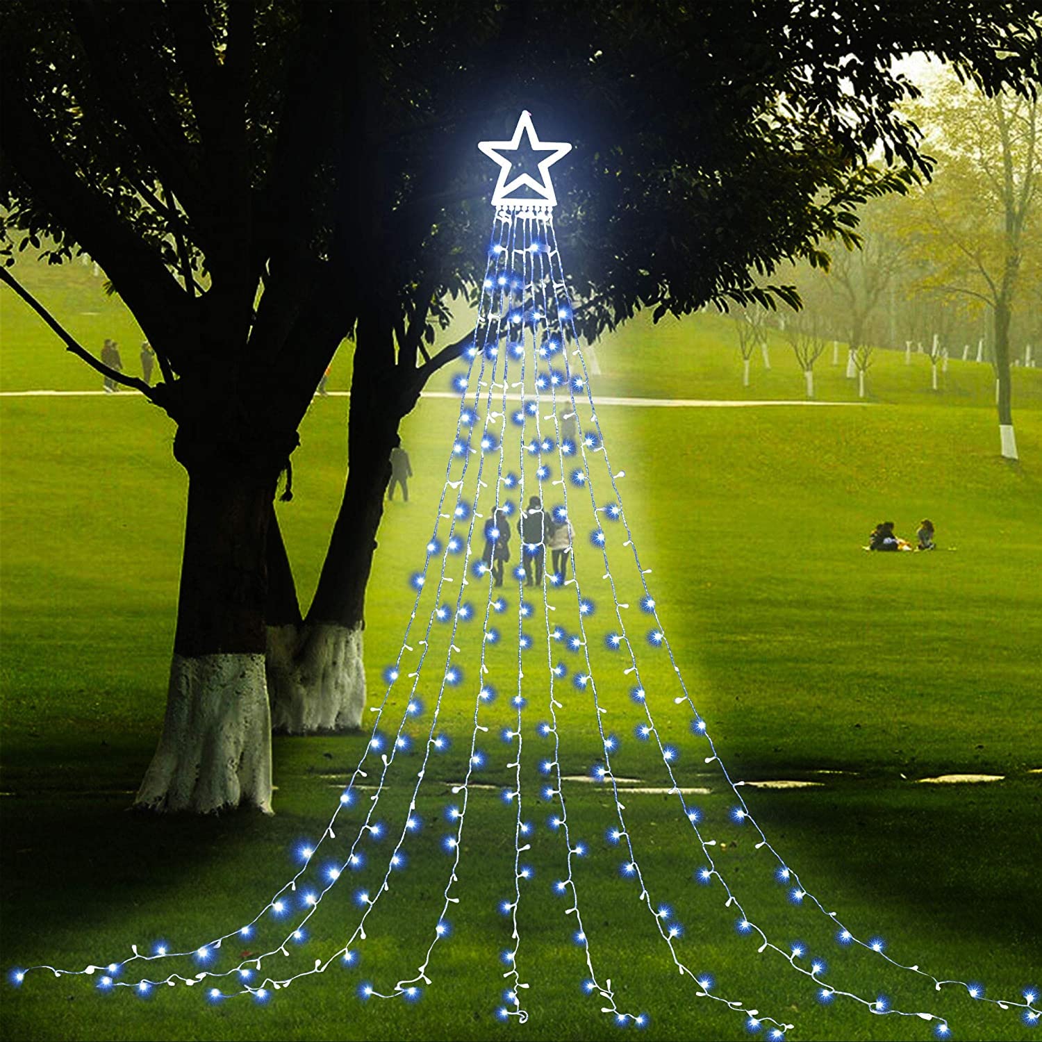 (2023 New)Outdoor Christmas Decoration Star String Lights,320 Led 16.4Ft Christmas Lights Waterfall Tree Lights With 13&quot; Topper Star,Plug-In Hanging Fairy Lights For Xmas New Year Holiday Party