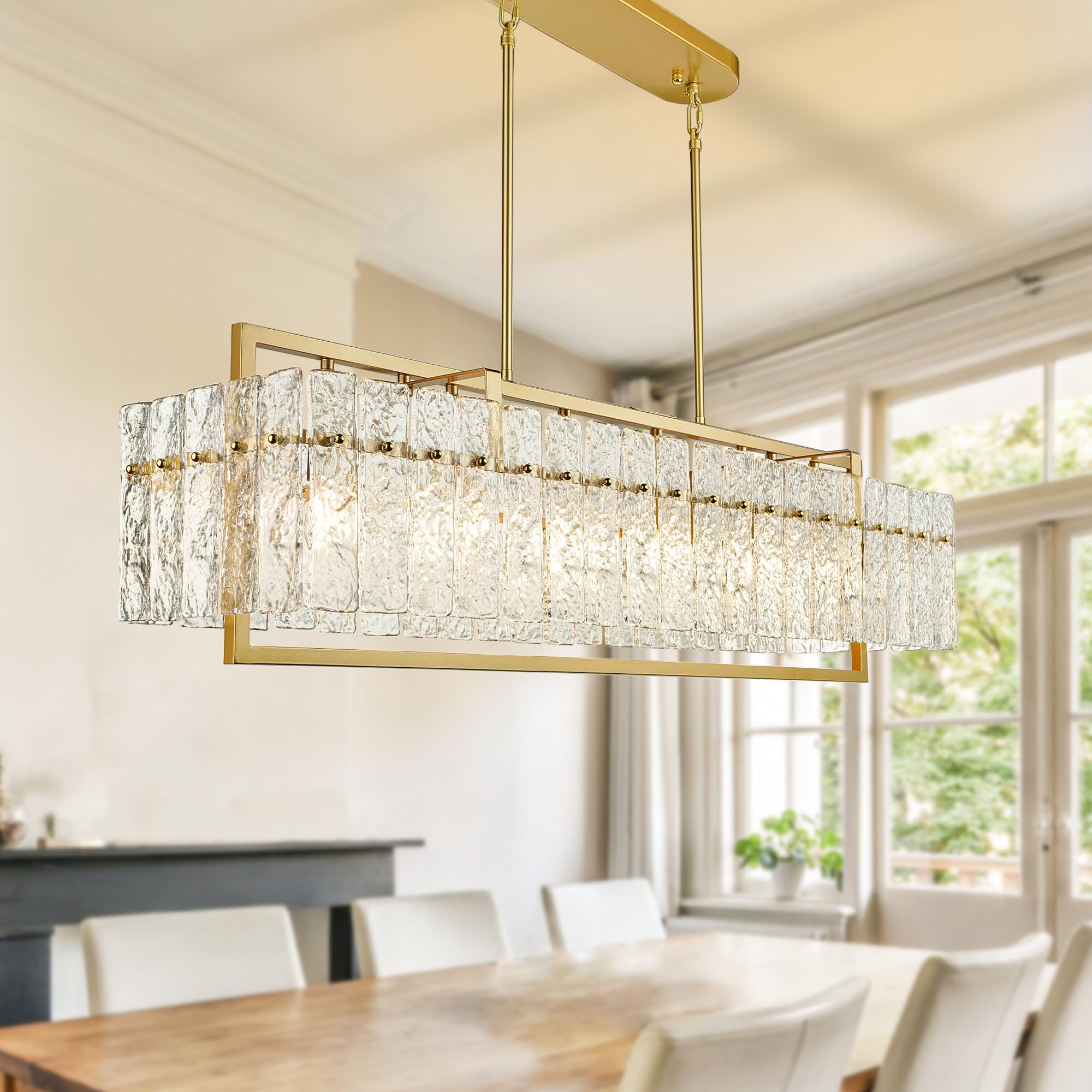 IKK Modern Rectangle Gold Crystal Chandeliers for Dining Room, 42'' Large Rectangular Water Ripple Glass Island Light Fixture, E