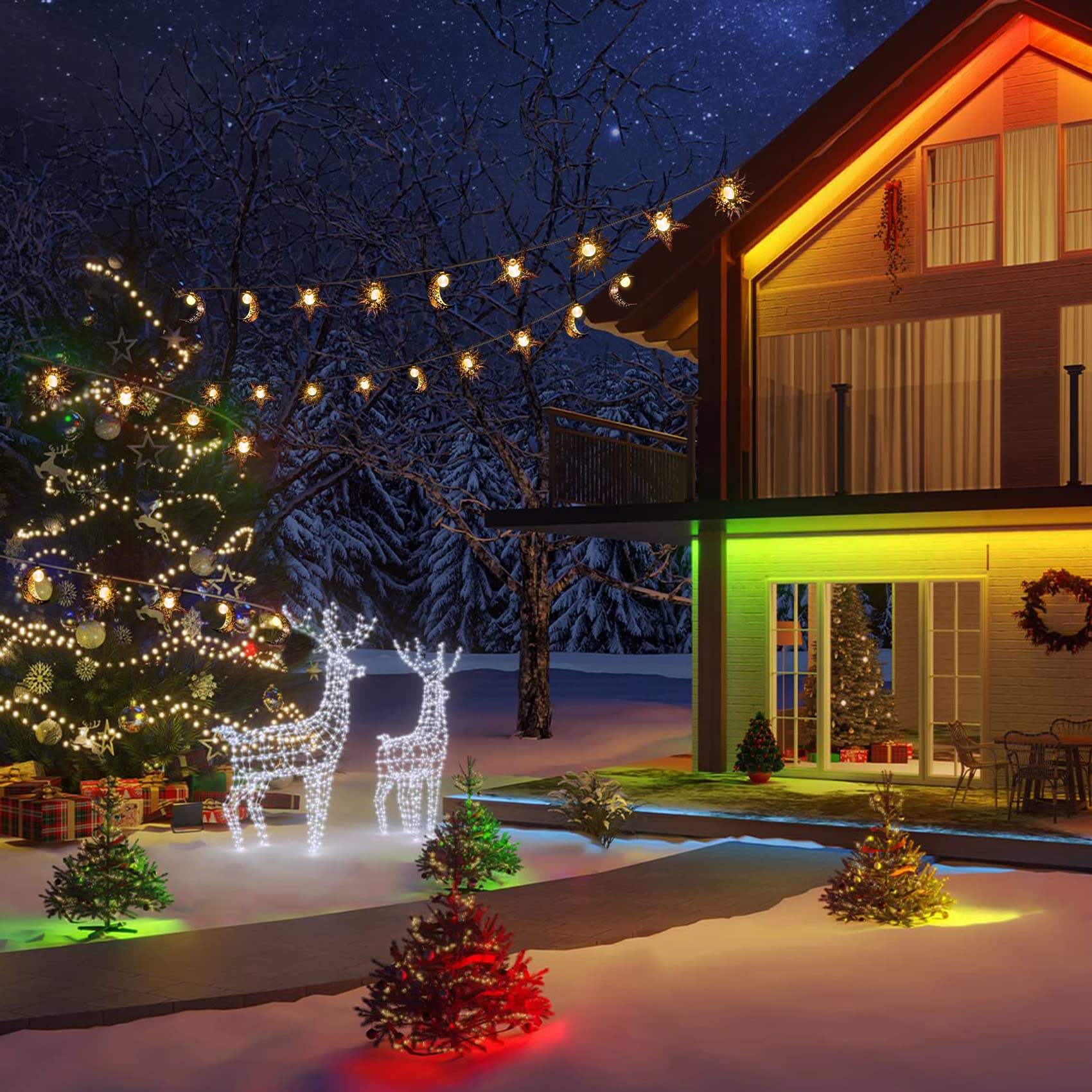 Solar String Lights Outdoor Star Moon Sun 13Ft 153In Led Solar Powered Fairy Decorative Lights For Garden Patio Yard Trees Mothers Day Gifts Wedding Party (Warm White) (Star Moon Sun String Lights)