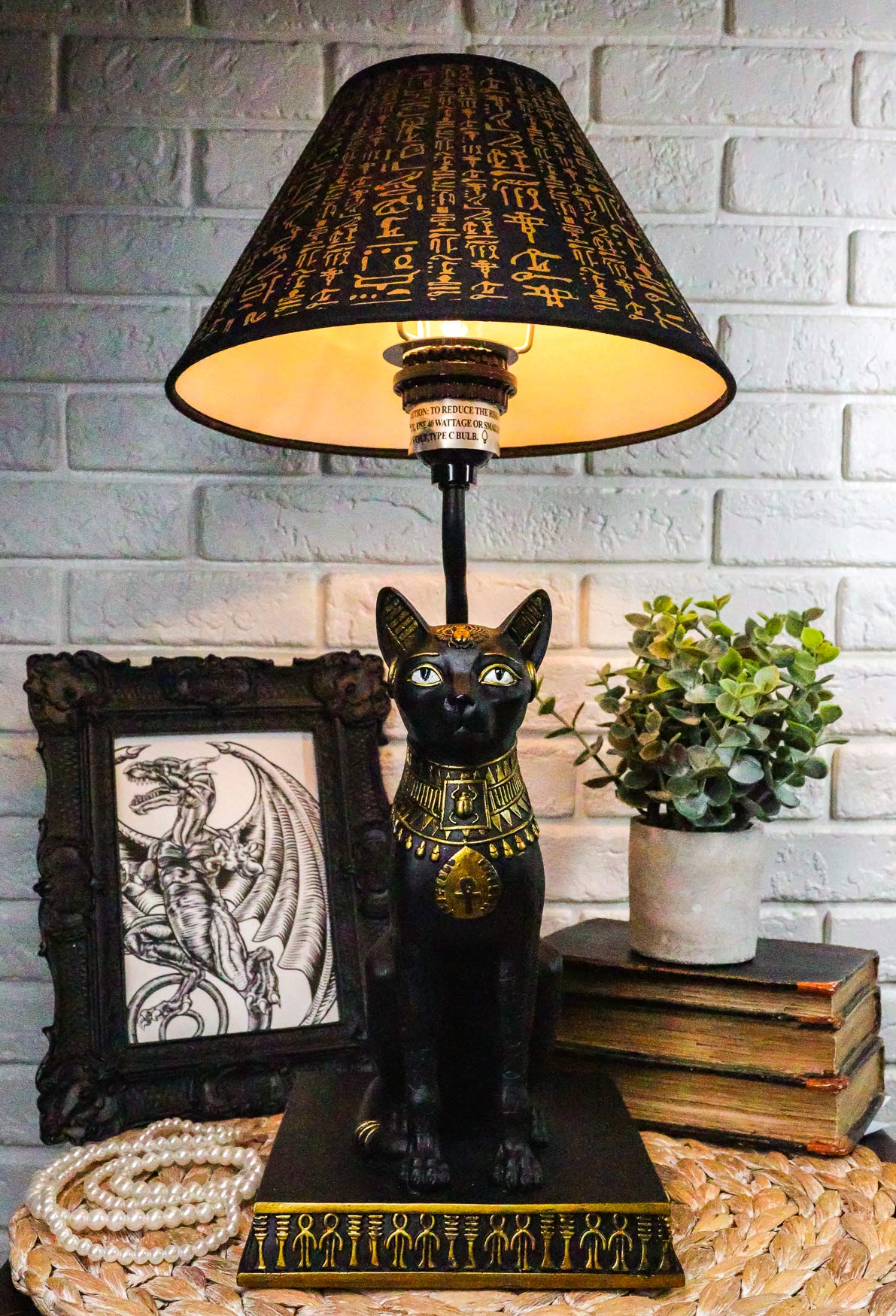 Ebros Gift Egyptian Goddess Bastet Cat Side Table Lamp, 18" High, Black and Gold, Resin, Hieroglyphic Shade, Deity of Protection
