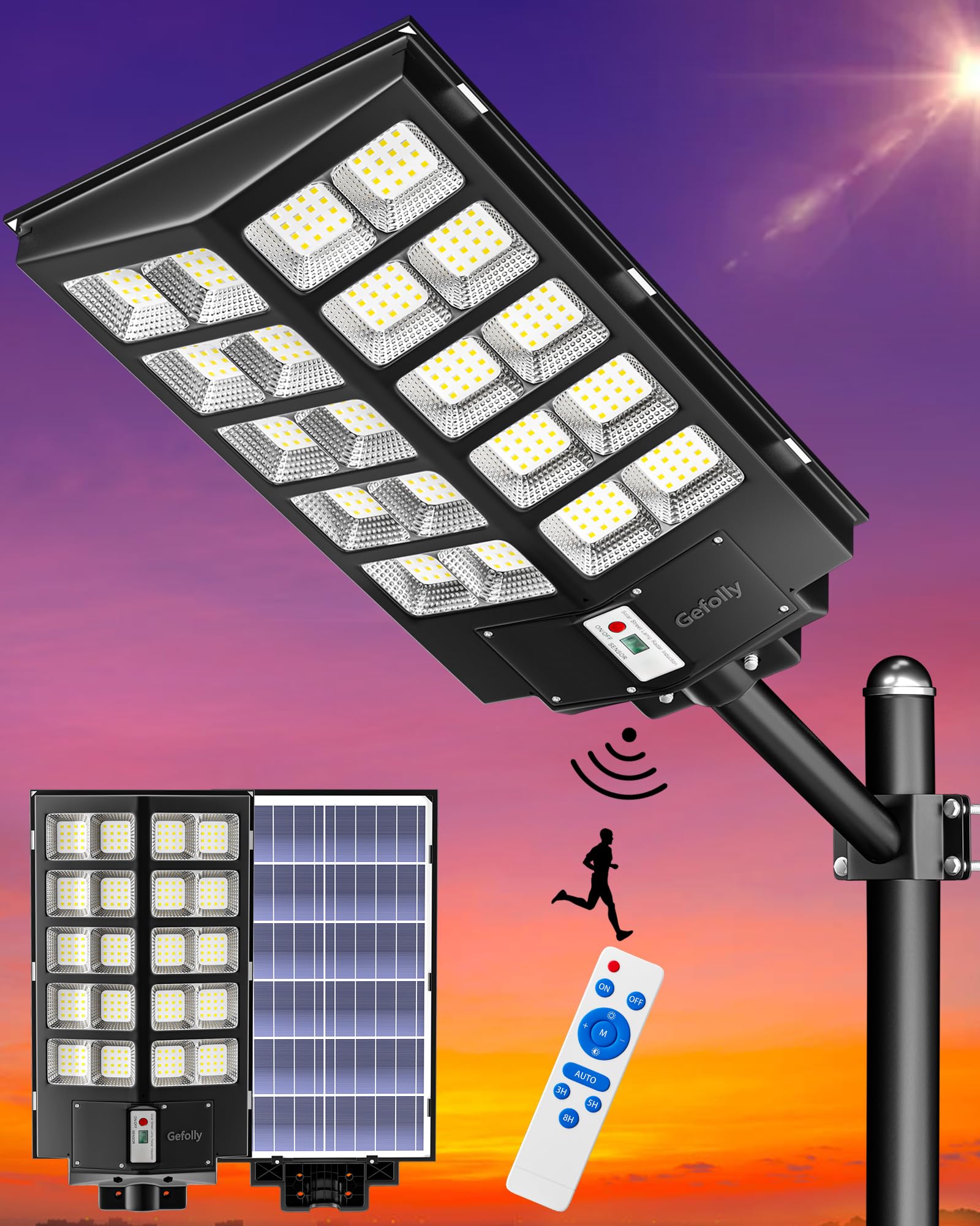 Gefolly 5200W Solar Street Lights, 520000Lm, Ip67, Dusk To Dawn, Motion Sensor, Black