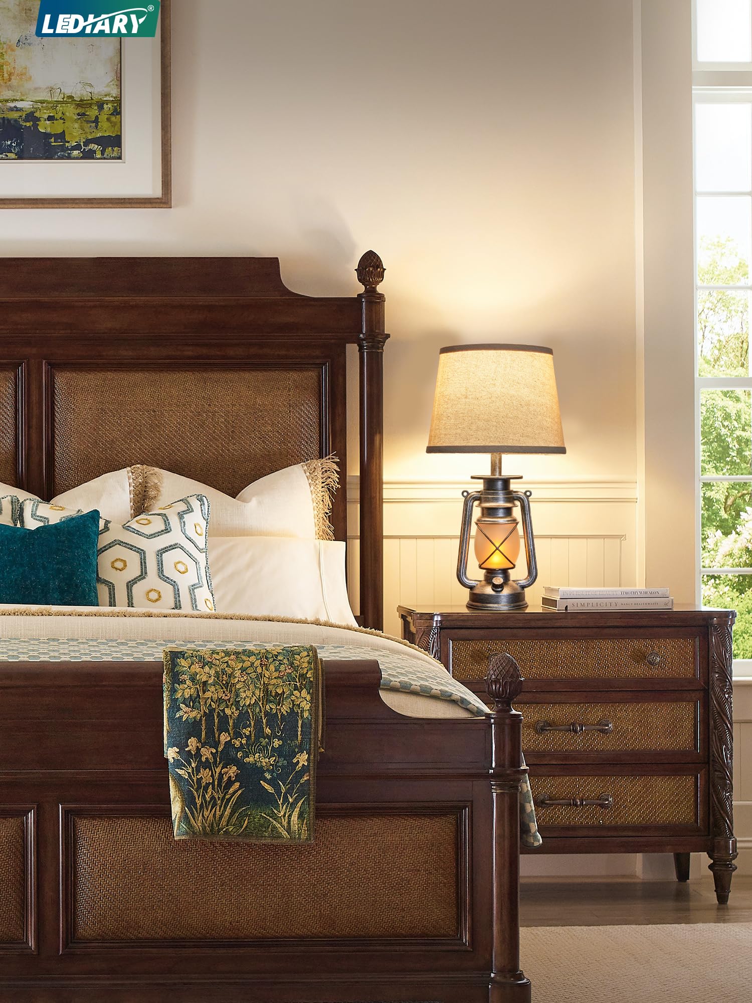 Lediary 18.72'' Sliver Led Lantern Flickering Flame Table Lamps For Bedrooms Set Of 2, Small Farmhouse Rustic End Table Lamps, H