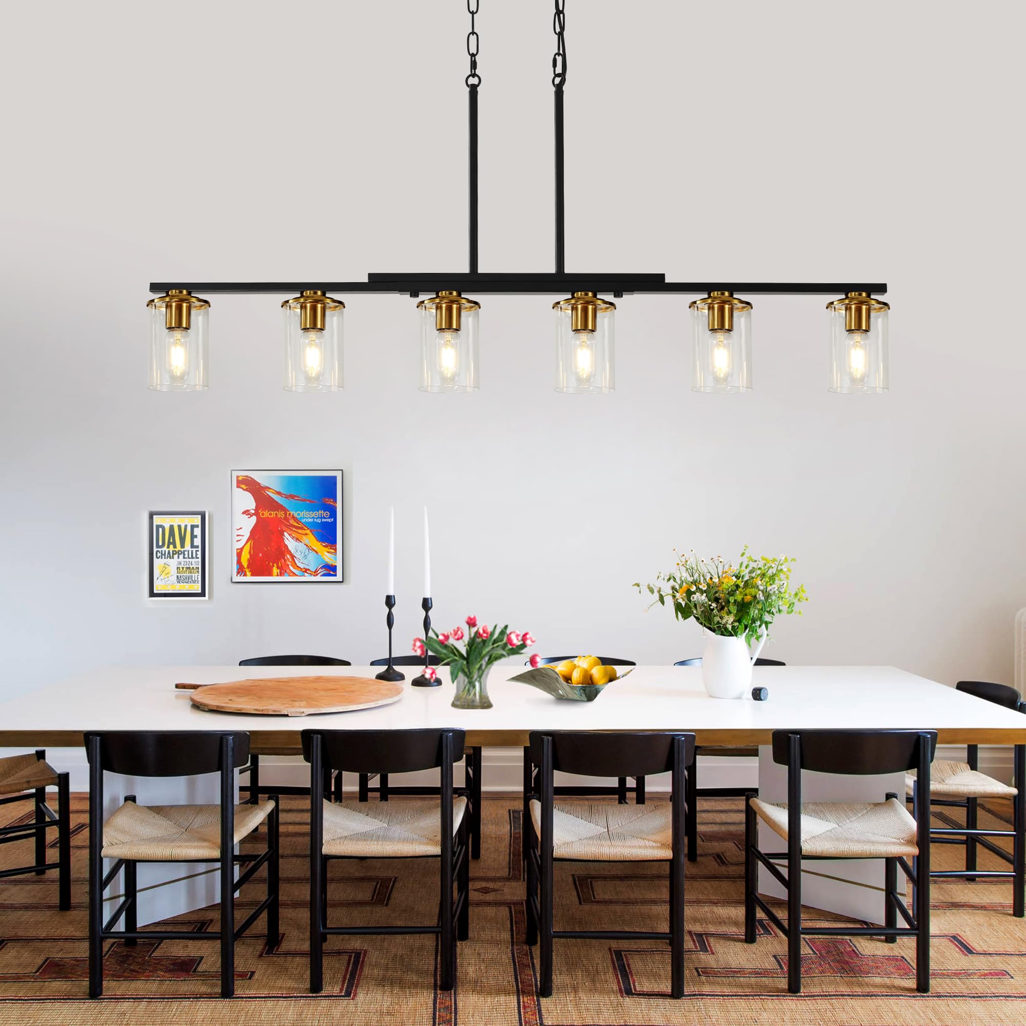 XvmBvm 6-Light Kitchen Island Chandelier, Modern Rustic Black and Gold, Clear Glass Shade, Model X3002-6