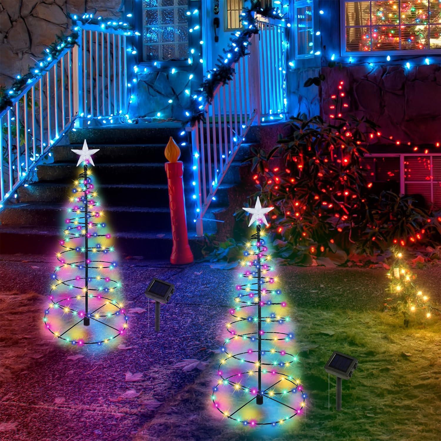 Dynaming 2 Pack Solar Spiral Christmas Trees with Multicolor Lights, 26 Outdoor Light Up Xmas Pathway Markers with Stake, Auto O