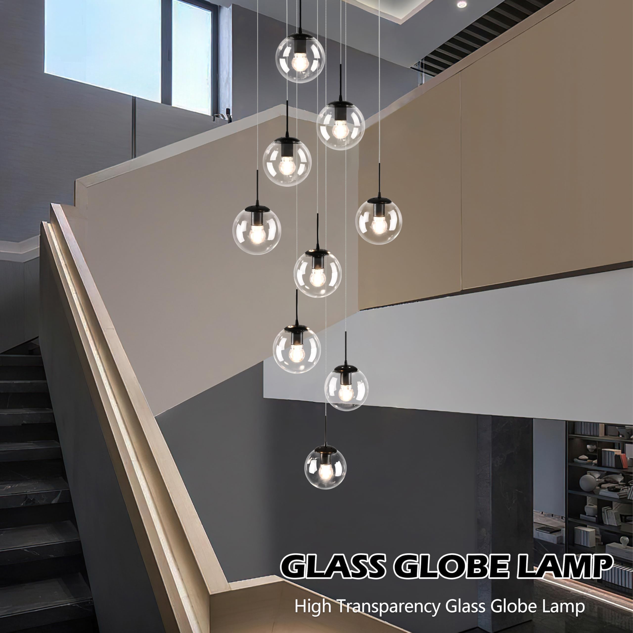 Koko&Yukina 9-Light Globe Glass Pendant Light Adjustable Length Pendant Lights Fixtures Modern Black Clear Globe Glass Chandelie