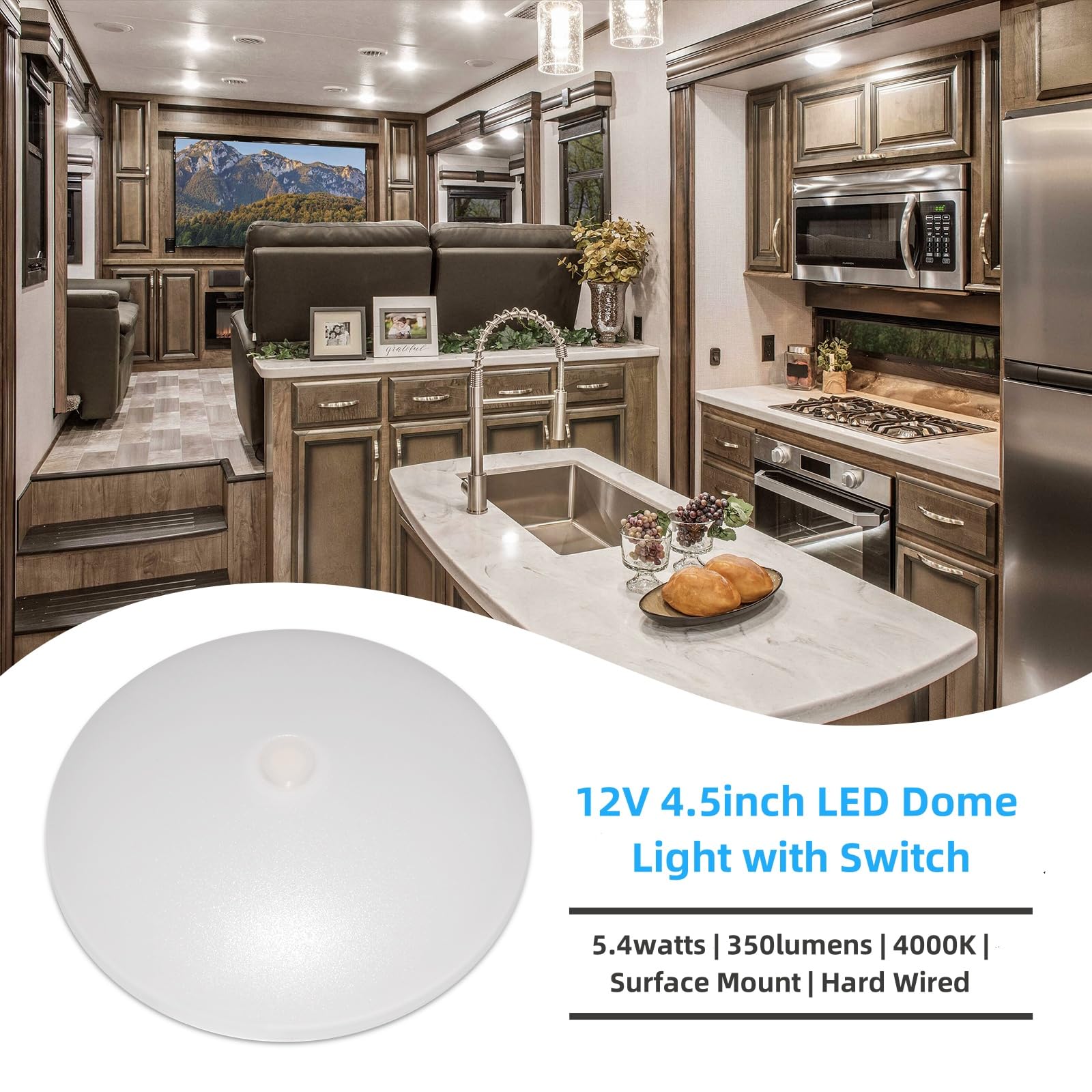 Dream Lighting Rv 12Volt Led Ceiling Lights Interior Trailer Boat Dome Light With Switch 4000K Pure White Lighting 5.4W 4.5Inch