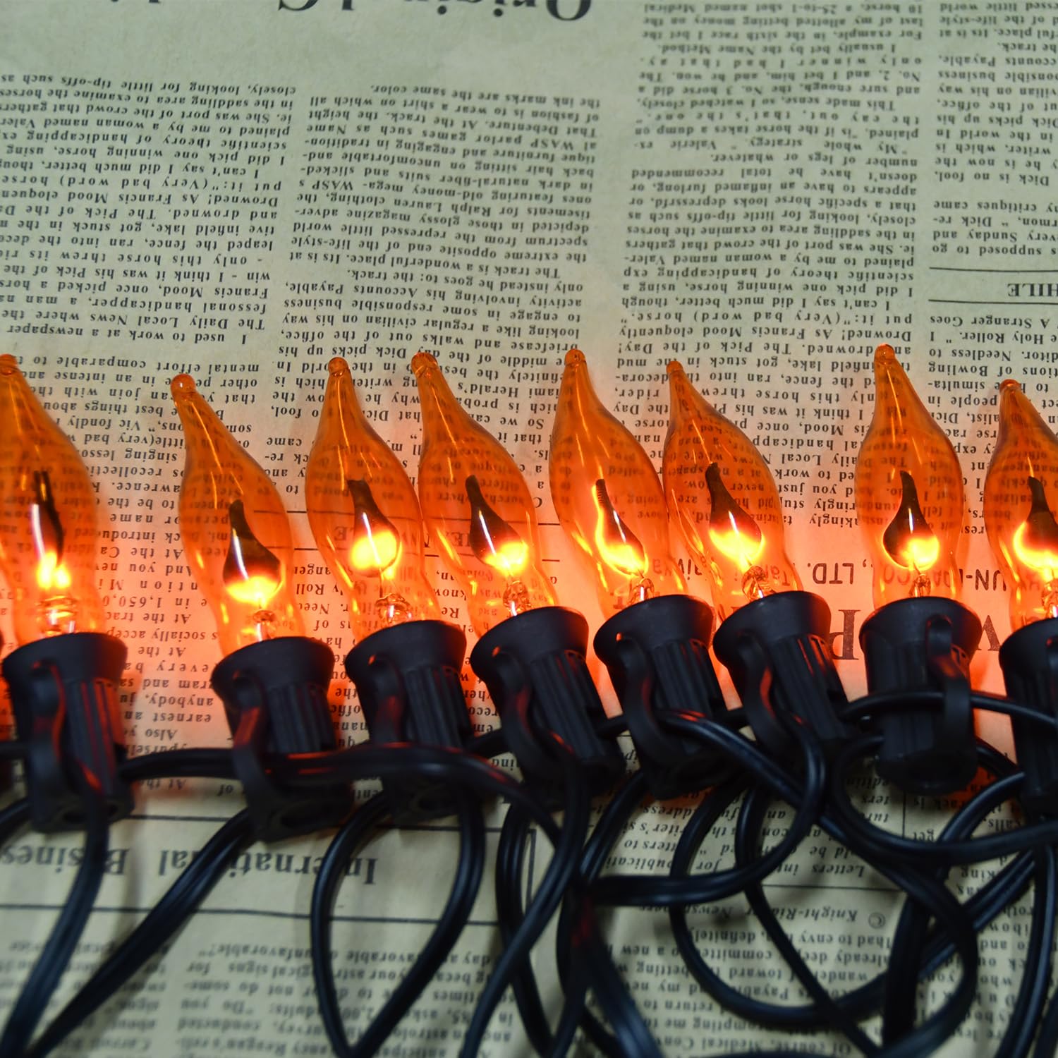 Pasuto Flickering Flame String Lights Orange Halloween Lights With 10 Pack C7 Orange Flame Light Bulbs, 12.8Ft Orange Flame String Lights For Halloween Decorations For Home Party Yard