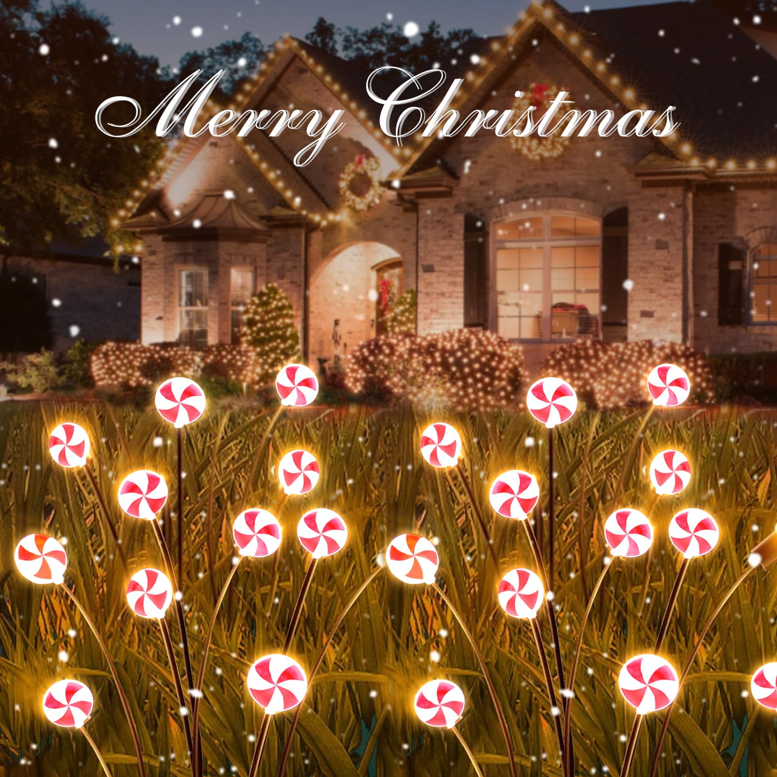 HUYIENO Christmas Decorations Outdoor Candy Lights, 4 Packs 32LEDs Solar Pathway Lights Swaying by Wind, 2 Modes Waterproof Sola