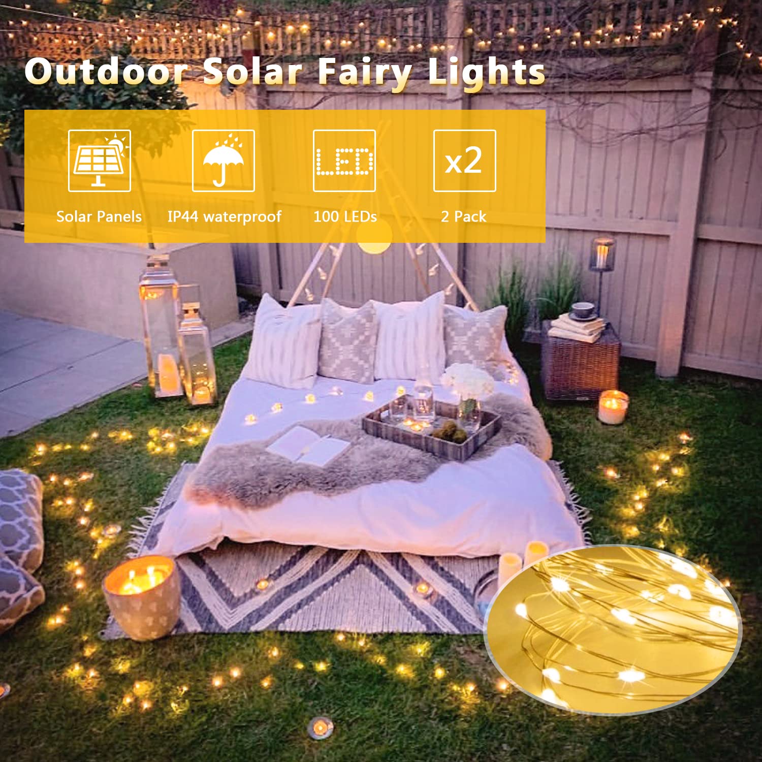 JMEXSUSS Solar Fairy Lights 33ft 100 LED Copper Wire Waterproof Warm White 2 Pack Model 007-S