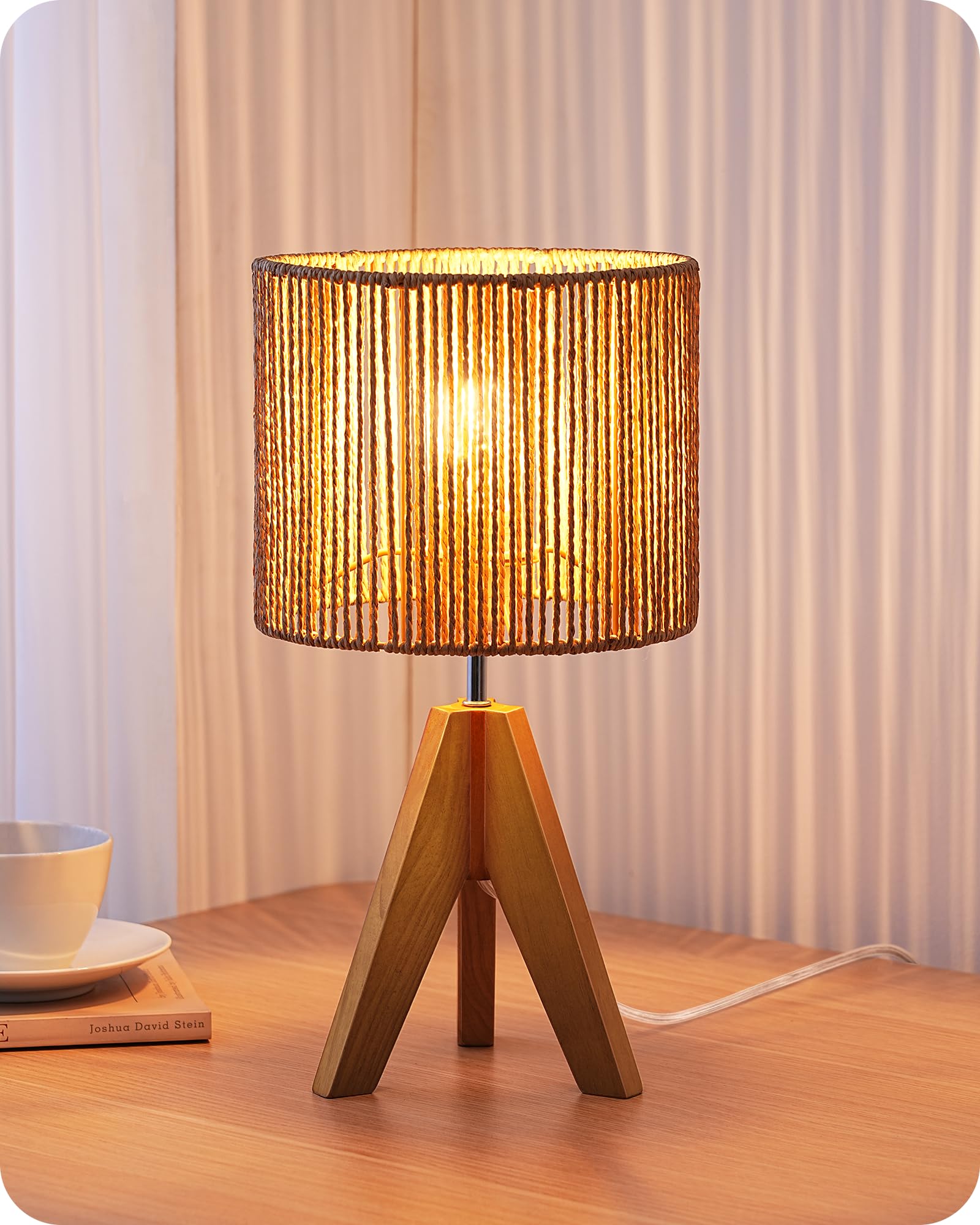 EDISHINE Small Rattan Table Lamp, Wood Tripod Bedside Lamp, Boho Nightstand Lamp for Living Room, End Table, Office, E26 Base, N
