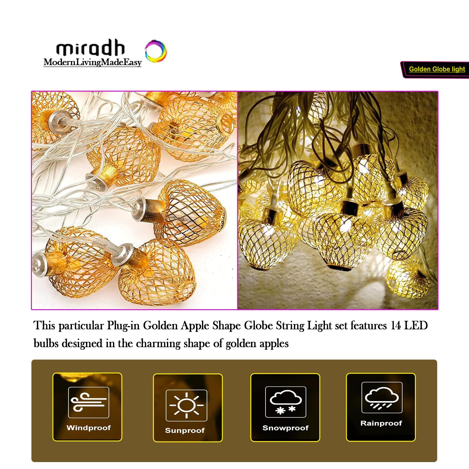 MIRADH String Lights Moroccan Ball Multicolor 11ft 16LED Globe Fairy String Light Orb Lantern Christmas Lighting for Diwali, Out