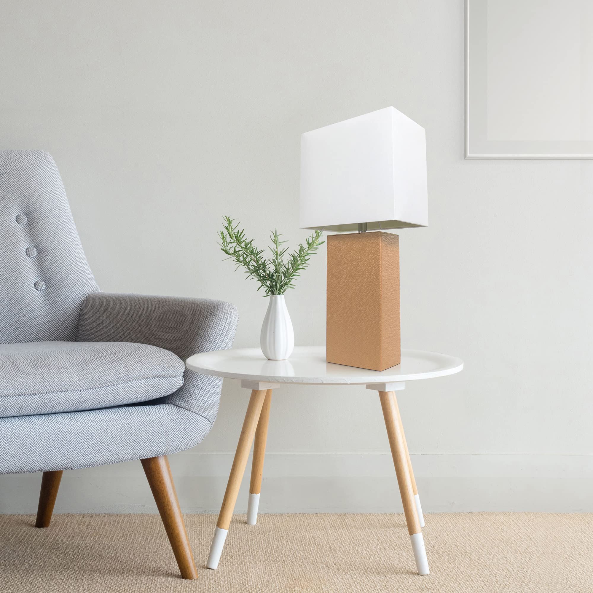 Lalia Home Beige Leather Base Modern Bedside Table Lamp With White Fabric Shade, 21&quot;