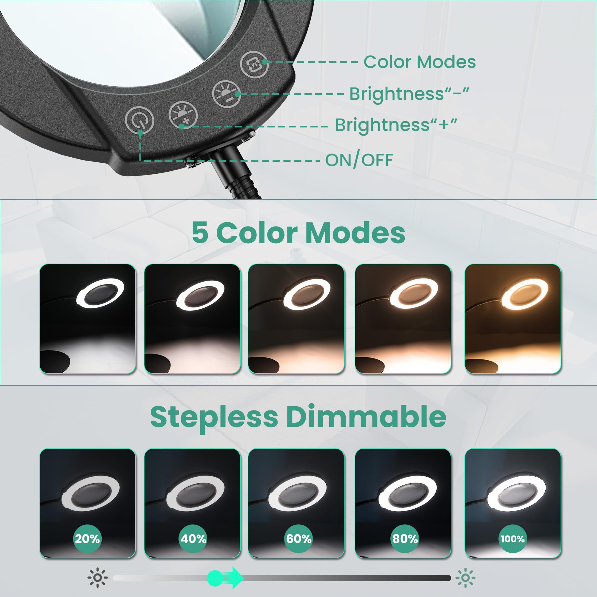 10X Magnifying Glass With Light And Stand, 5 Color Modes Stepless Led Lighted Desk Lamp, Hands Free Flexible Gooseneck Magnifier