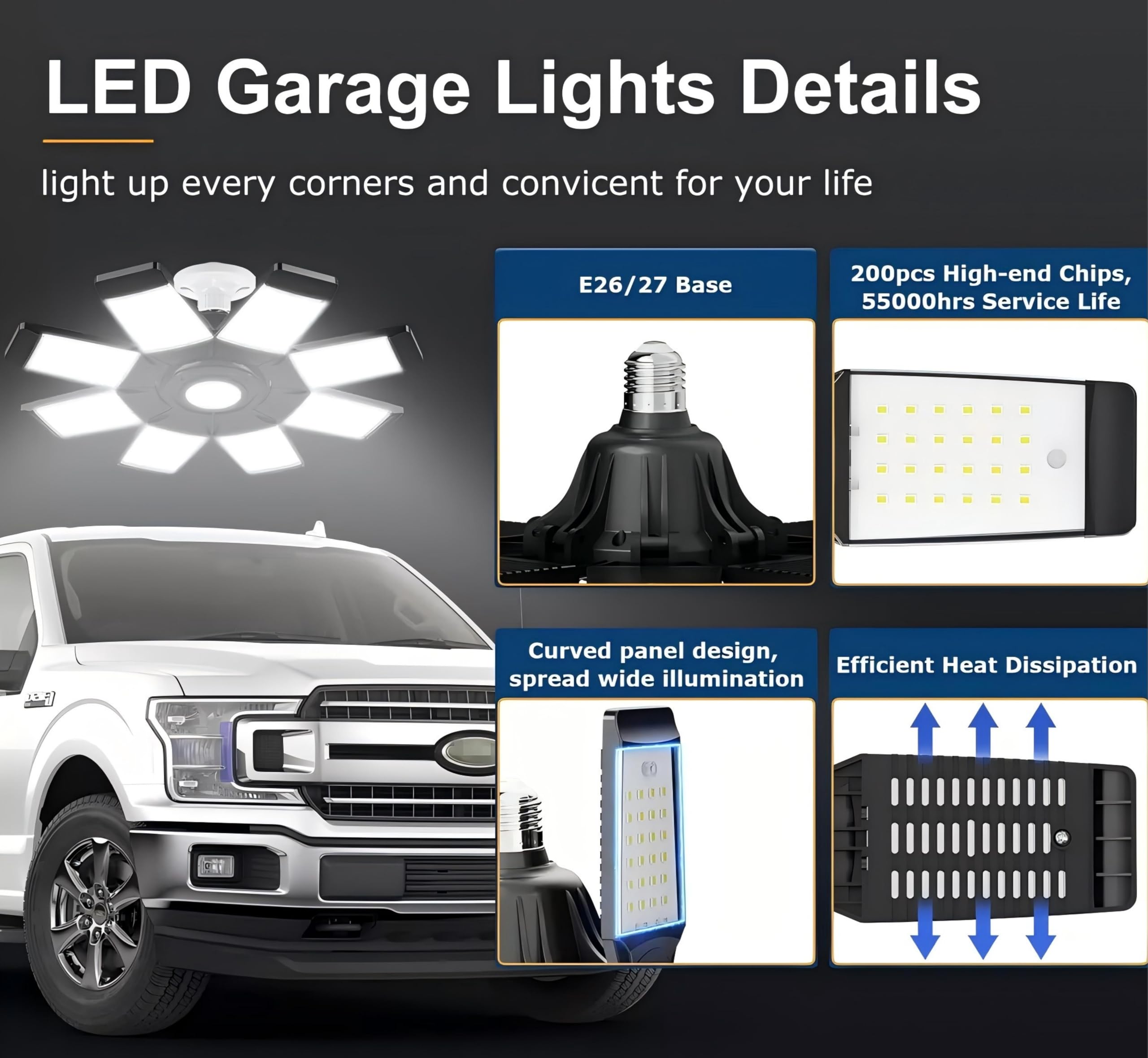 ANYPOWK LED Garage Light - 20000 Lumen, 200W, 4-Pack, Daylight, Eight Leaf Design
