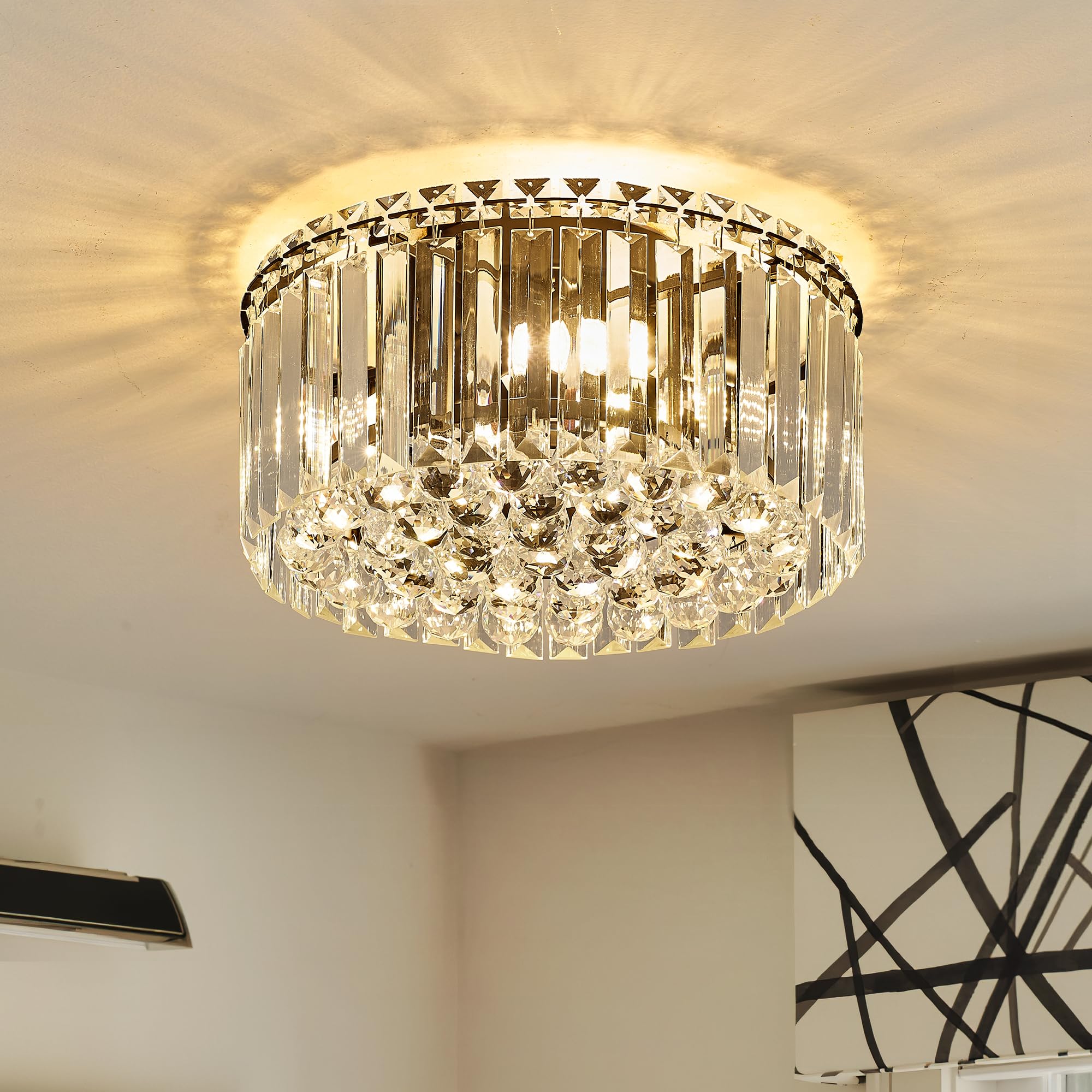 Faibra 12.6'' Black K9 Crystal Raindrop Flush Mount Ceiling Light, Modern Chandelier, Round Luxury Light Fixture For Dining Room