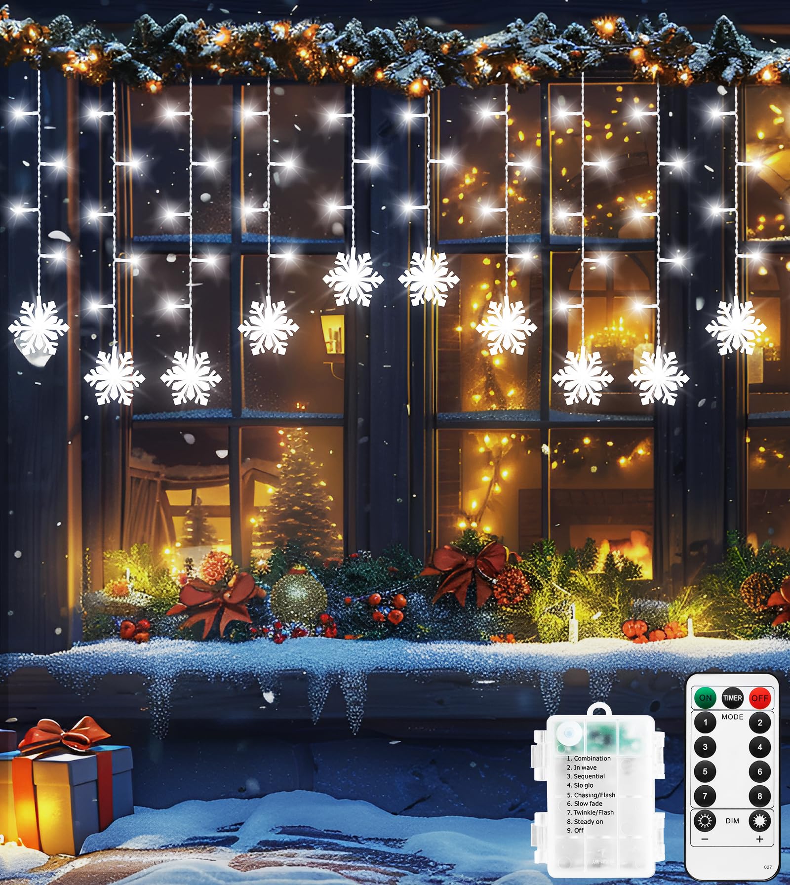 Christmas Window Lights with Snowflake, 3.5M 90LED Waterproof Curtain String Lights with Remote, Timer,8 Modes&4 Brightness, Curtain Lights for Indoor/Outdoor/Bedroom Decorations (Cool White)