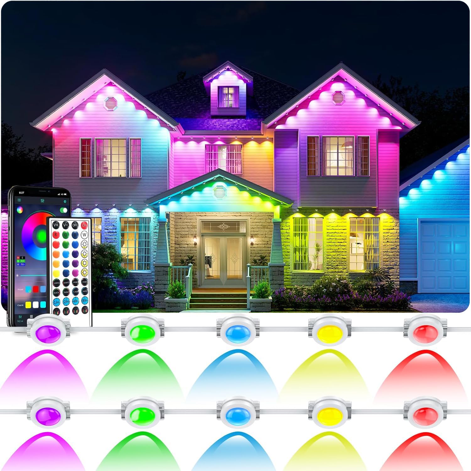 WRRLIGHT 100ft RGB LED Outdoor Lights, IP67 Waterproof, Smart Remote Control, Model KQ-NL-LED