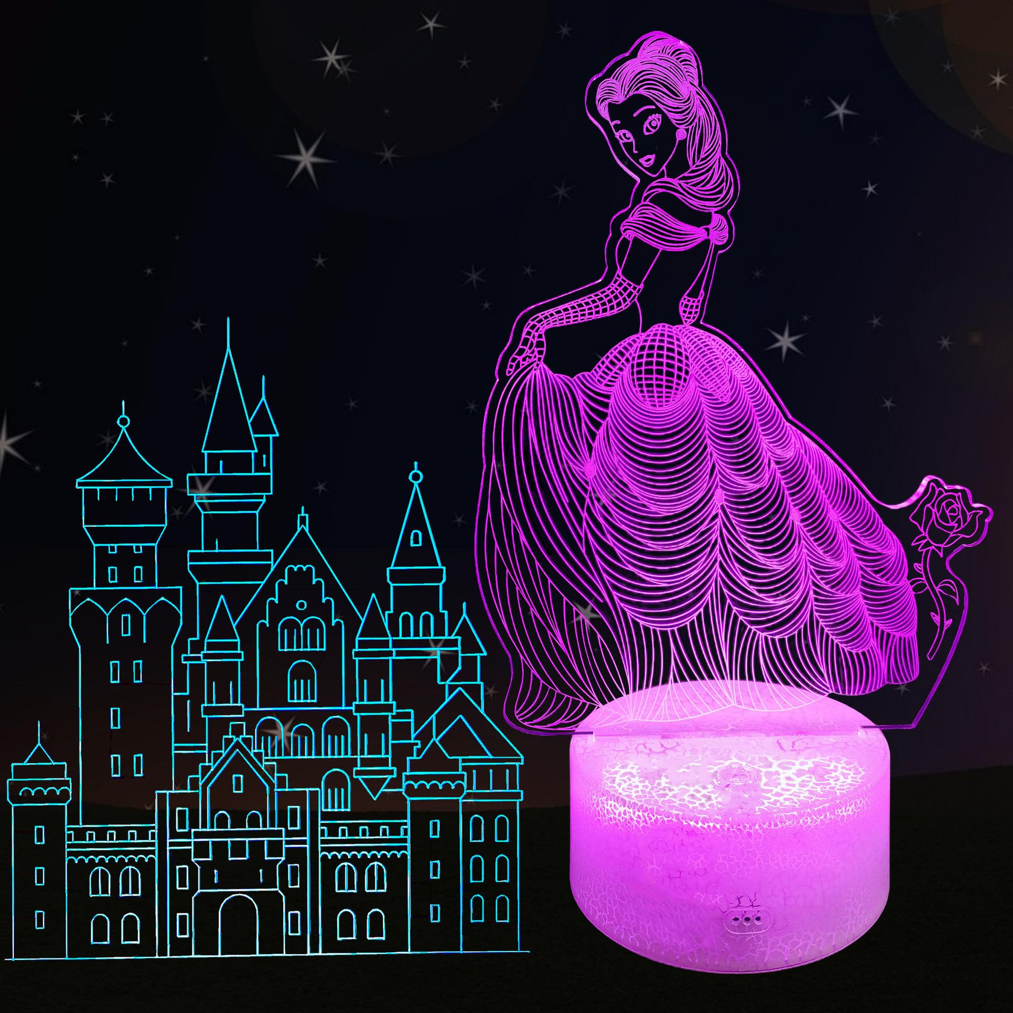 Kenmaca Night Light Princess Castle for Girls Bedroom, 3D Illusion Lamp, 2 Patterns 16 Colors Changing Dimmable Room D  cor, Sma