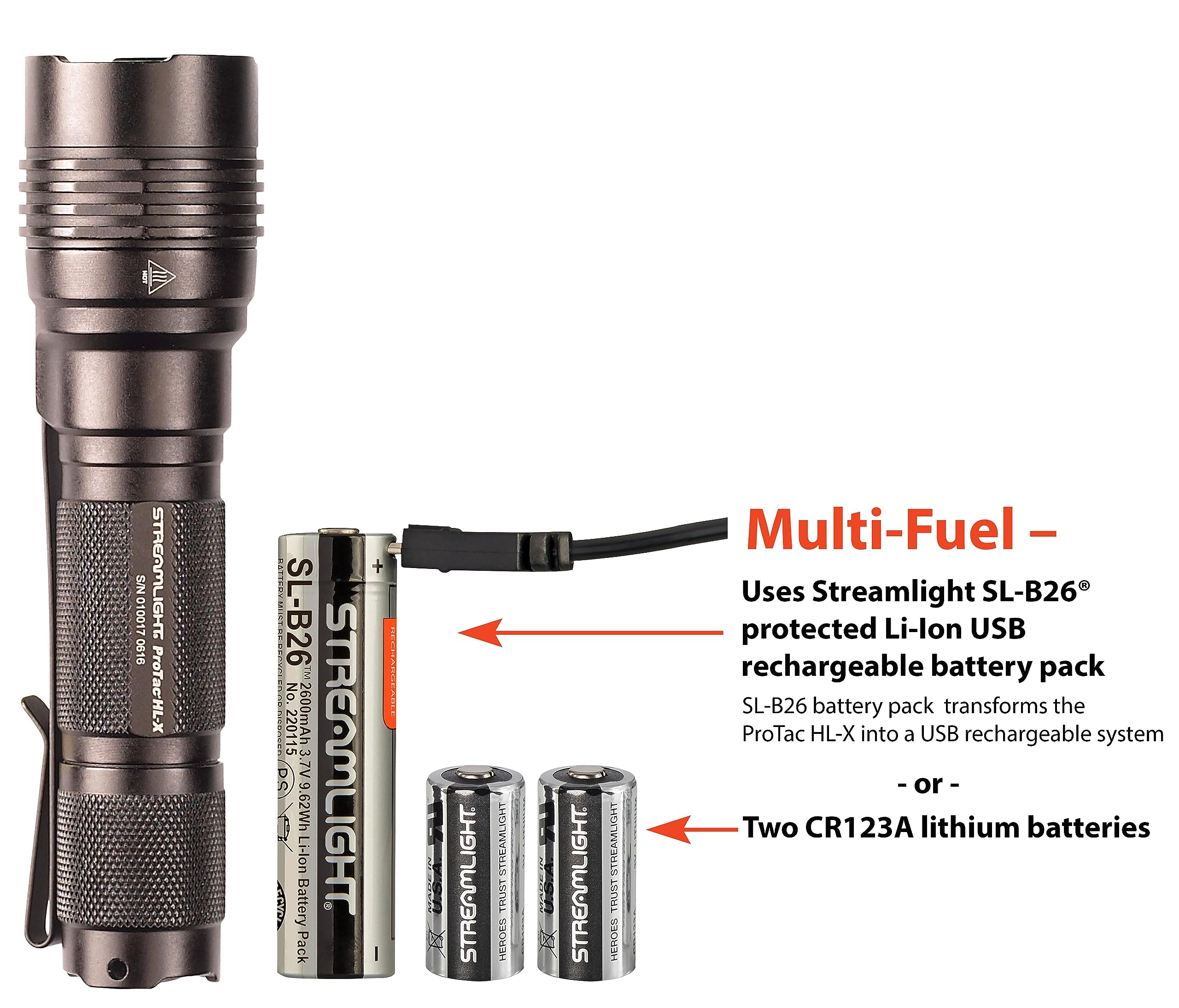 Streamlight 88064 Protac Hl-X 1000-Lumen Multi-Fuel Professional Tactical Flashlight, Includes Cr123A Lithium Batteries And Holster, Black, Clear Retail Packaging