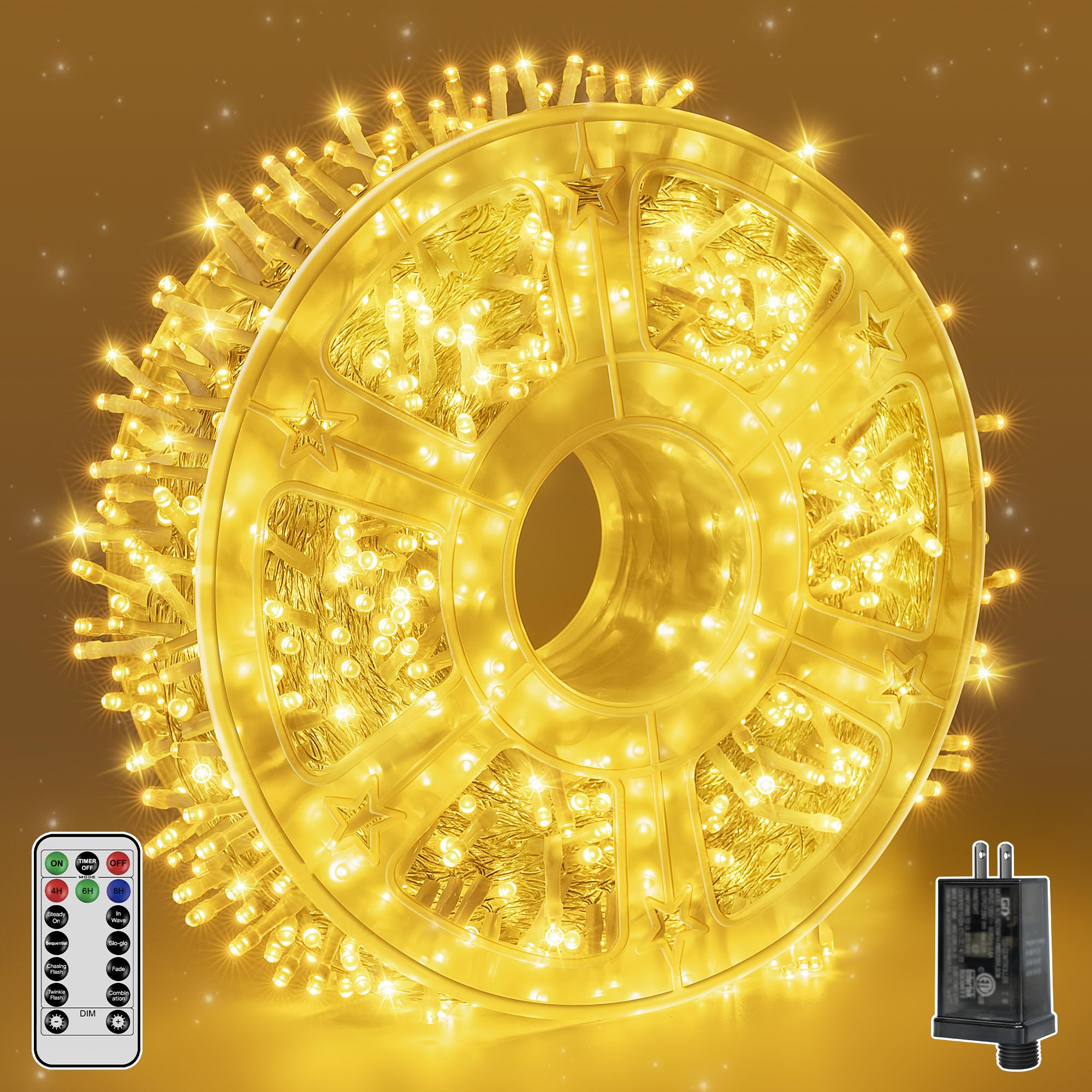 Guhope Outdoor String Lights 600LED 98FT, Waterproof String Lights with Remote and Timer, 8 Modes Dimmable Fairy Lights for Indo
