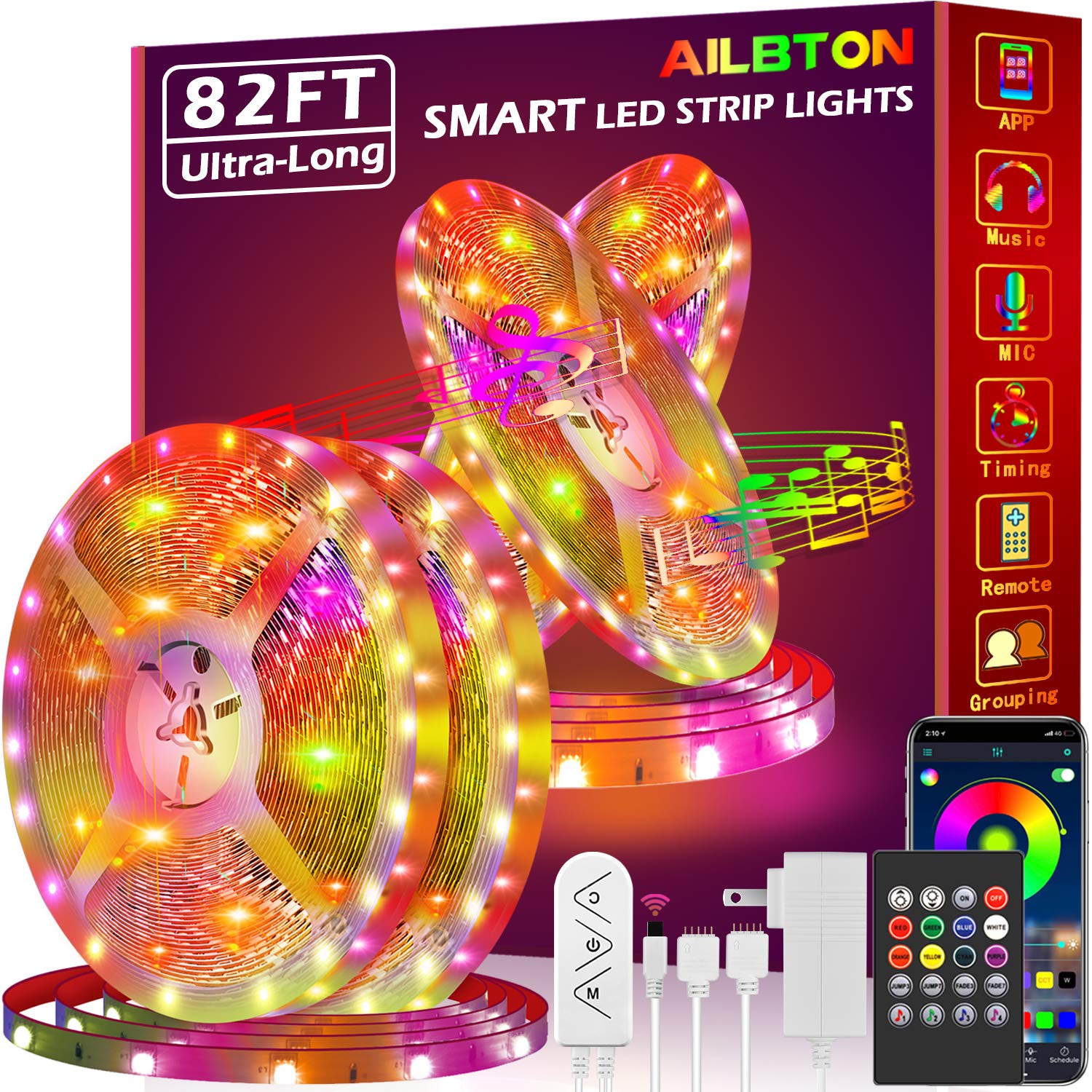 AILBTON Led Strip Lights, 82ft RGB Color Changing, Music Sync, Bluetooth App Control, 5050 Plastic, Multicolor, Model DT2-60
