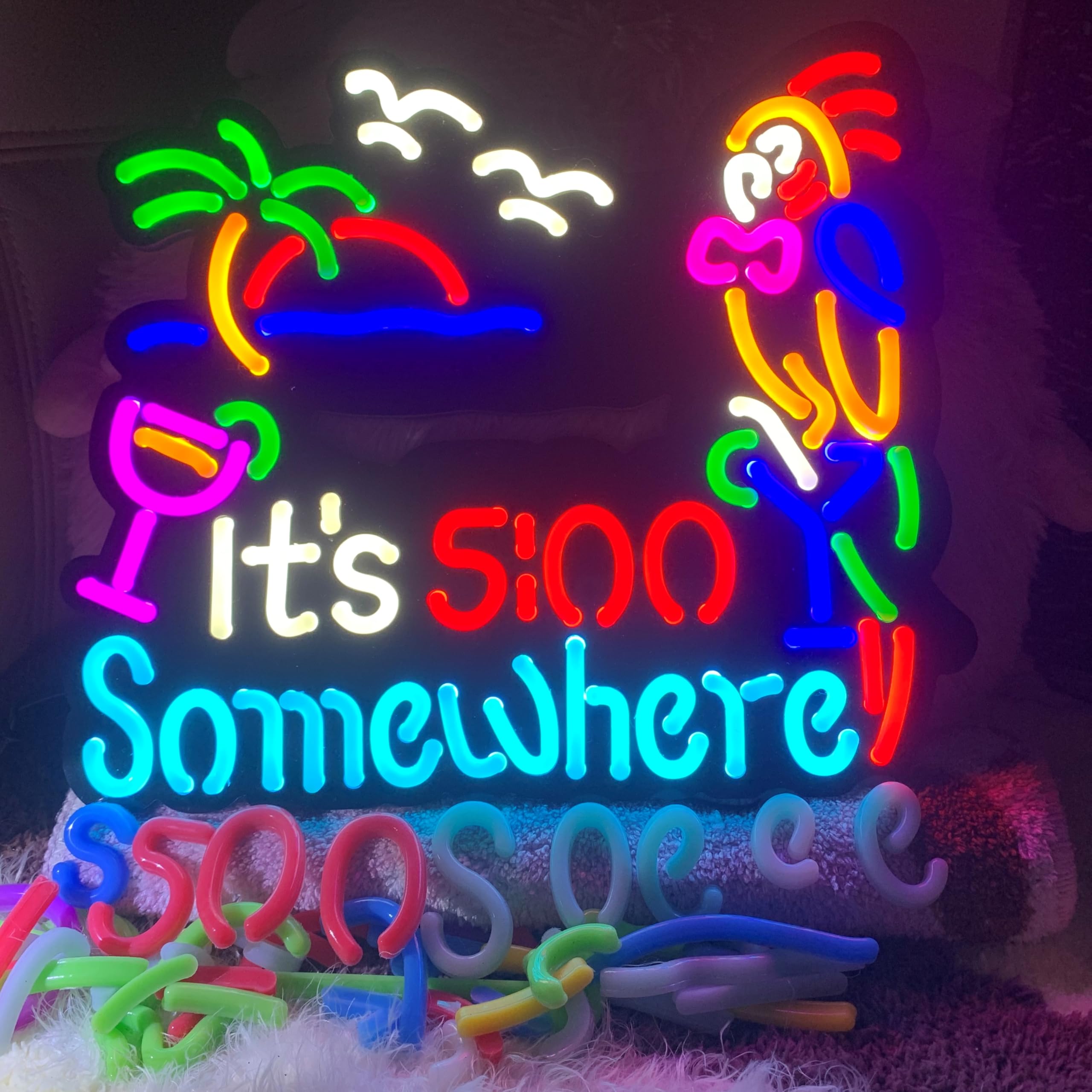 Jigsaw Puzzle ItS 5:00 Five Oclock Somewhere Neon Light Sign  Man Cave Men Led Light  Home Wall Signs Gifts  Decorations  Palm Tree  Beach  Sun  Tiki Bar  Garage  Accessories  Cart  Party  Bedroom  Led Sign  Lights