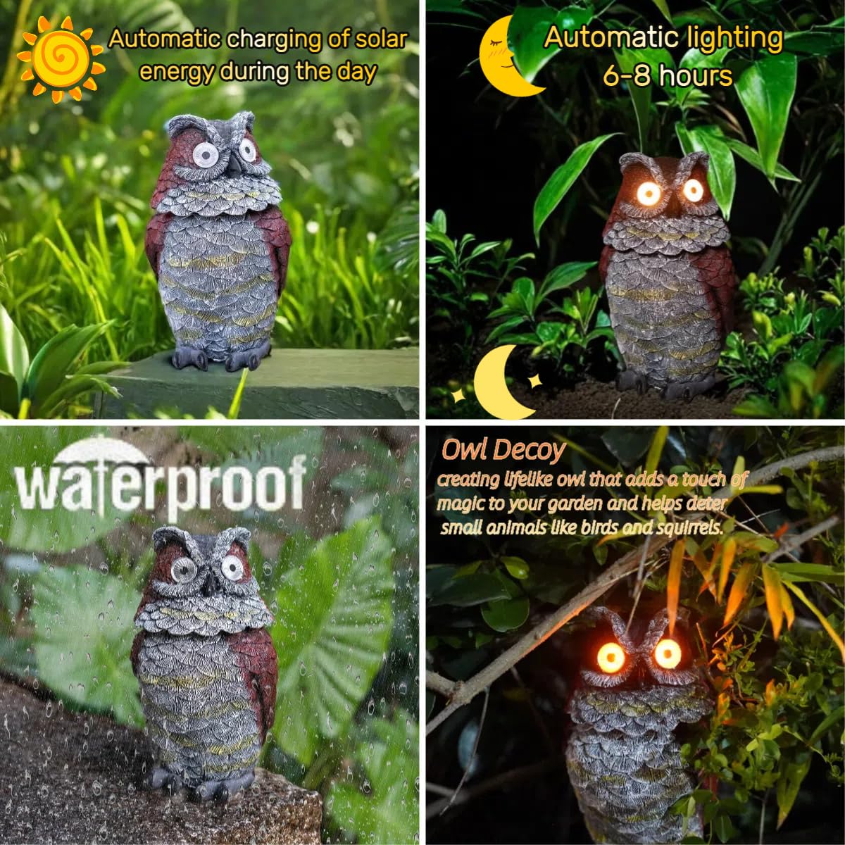 Jy.Cozy Solar Owl Decoy Statue - Glowing Eyes Resin Outdoor Decor For Garden, Porch, Lawn