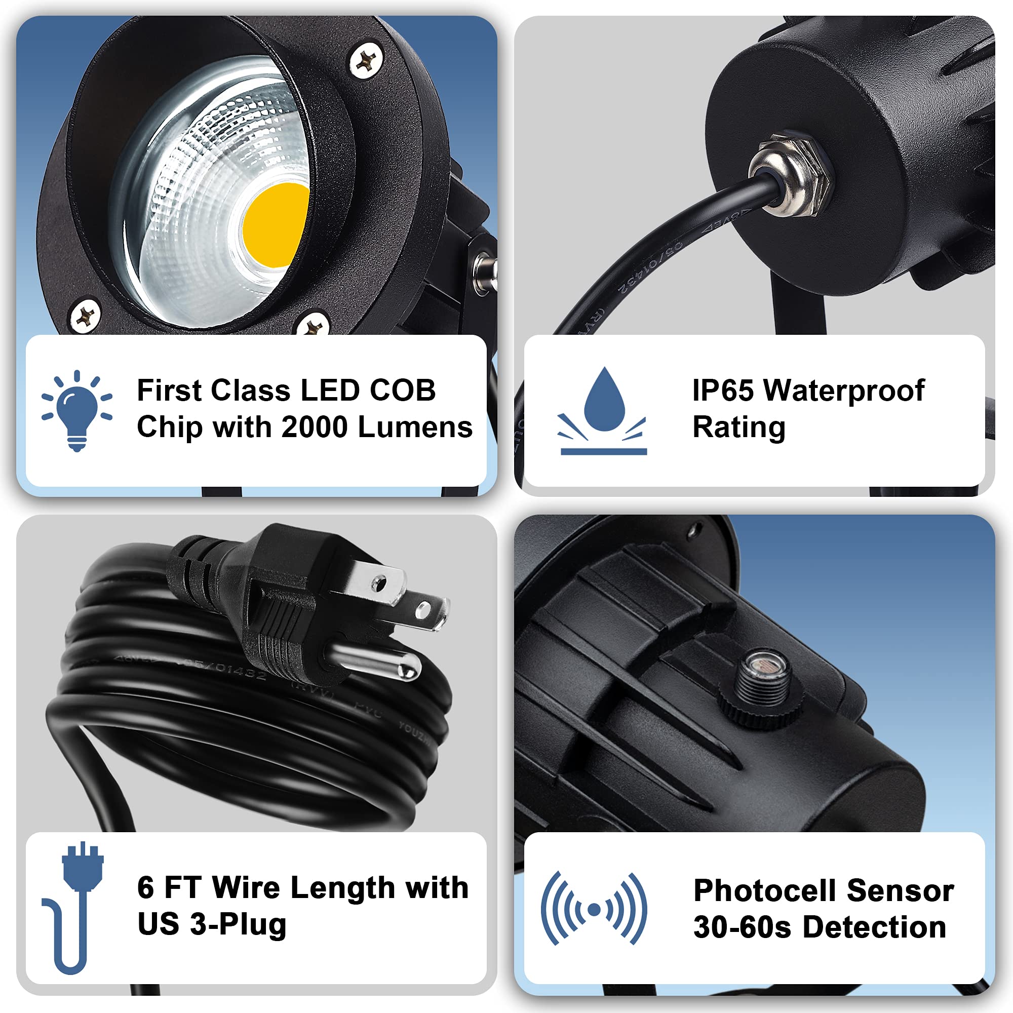 SUNVIE 20W Outdoor Landscape Spotlight - 3000K LED, Waterproof, Dusk to Dawn, 6 FT Plug, White, Aluminum, Ideal for Yard & Garden Decor