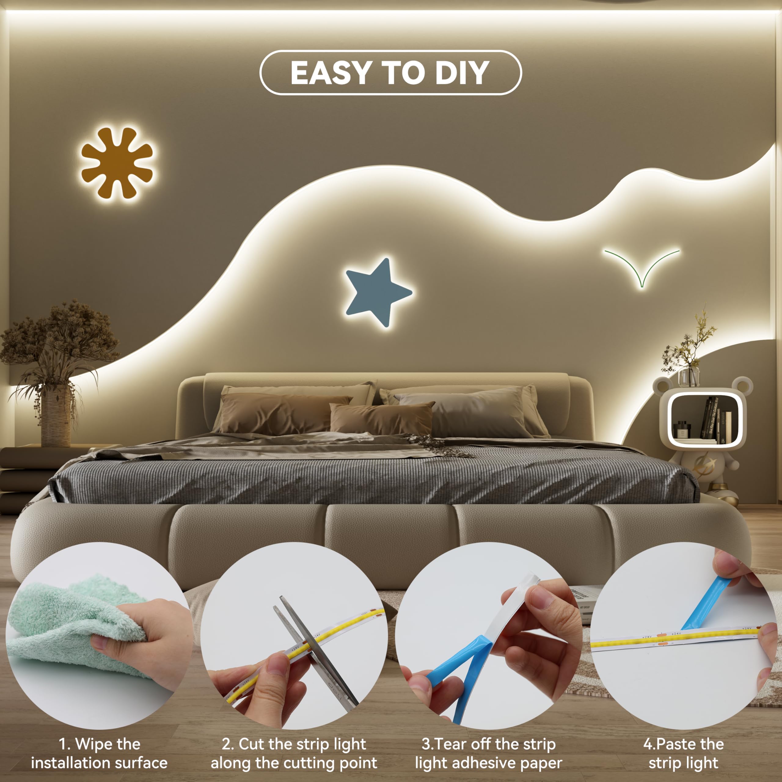 Miwise Cob Led Strip 32.8Ft/10M Cri 90+ Natural White 4000K High Lumen Super Bright Flexible Dc24V Led Tape Light For Cabinet Home Office Diy Lighting Projects(Adapter&Controller Not Included)