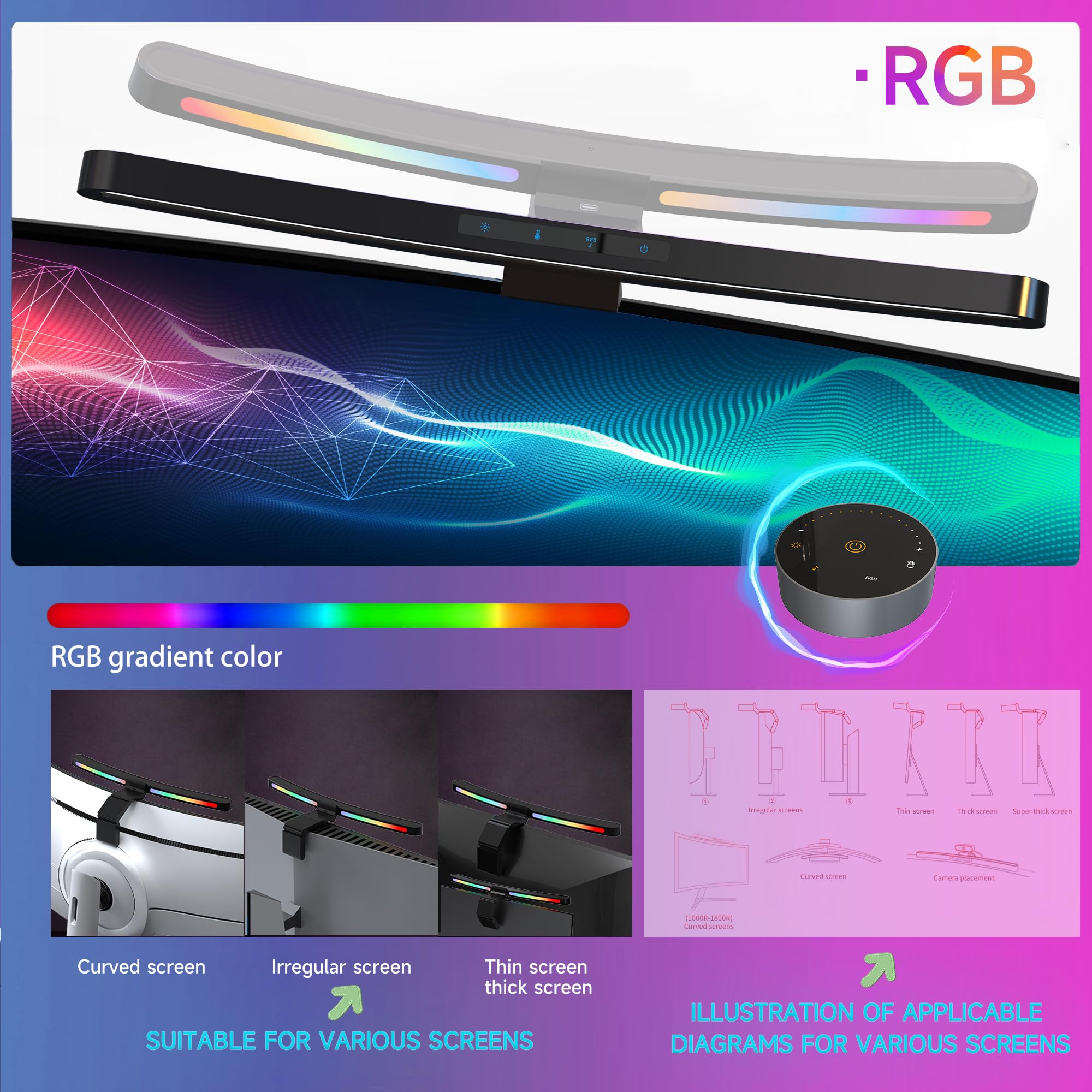ONWAY Curved Monitor Light Bar with Wireless Remote,Monitor Light Bar with Auto-Dimming and Camera Base,Applicable to All Screen