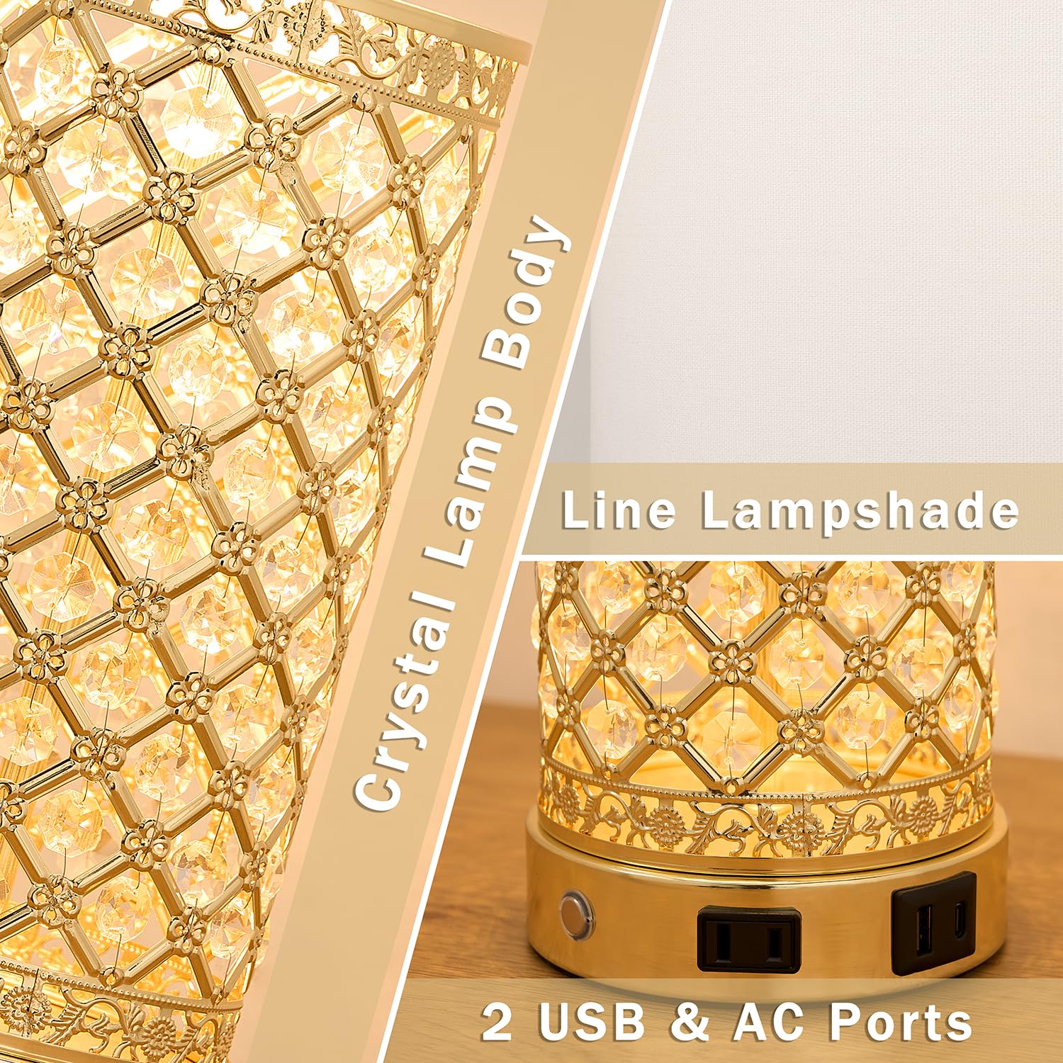 Saiweya Modern Crystal Table Lamp - 24'' Gold Bedroom Lamps 3-Way Dimmable Touch Lamp With Night Light, 2 Usb Ports + Ac Outlet