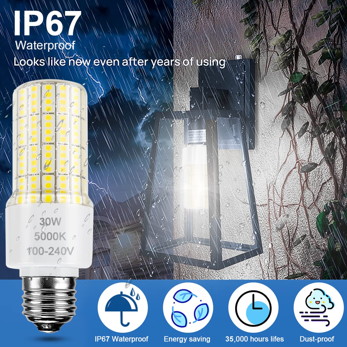 RIUVAO 2 Pack LED Light Bulb, 250W Equivalent, 3750 Lumen, 5000K Cool Daylight, E26/E27 Base, Waterproof for Indoor/