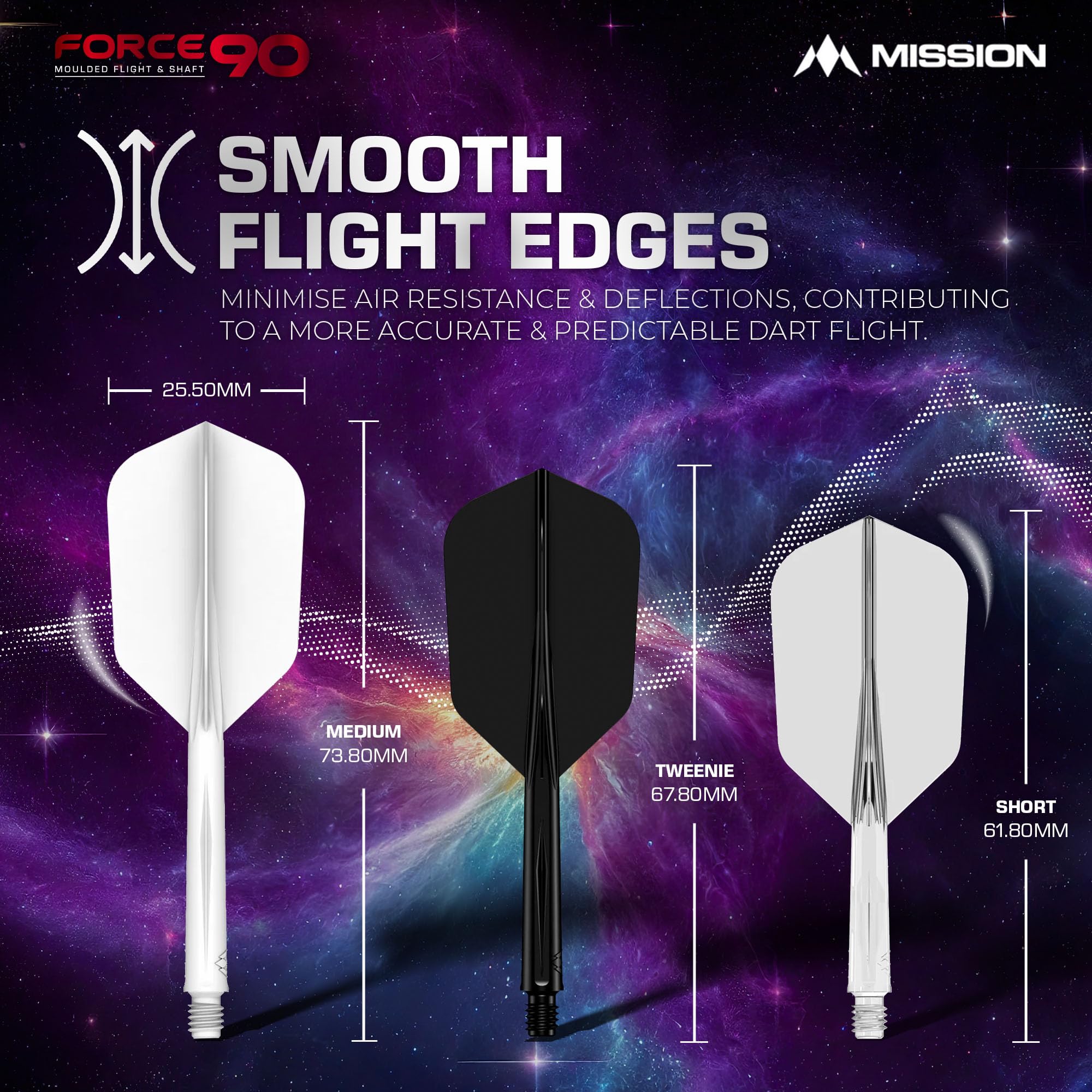 Mission Darts Force 90 Professional Dart Flights & Stems, 2-in-1 Slim Tweenie, Transparent Plastic, Pack of 3