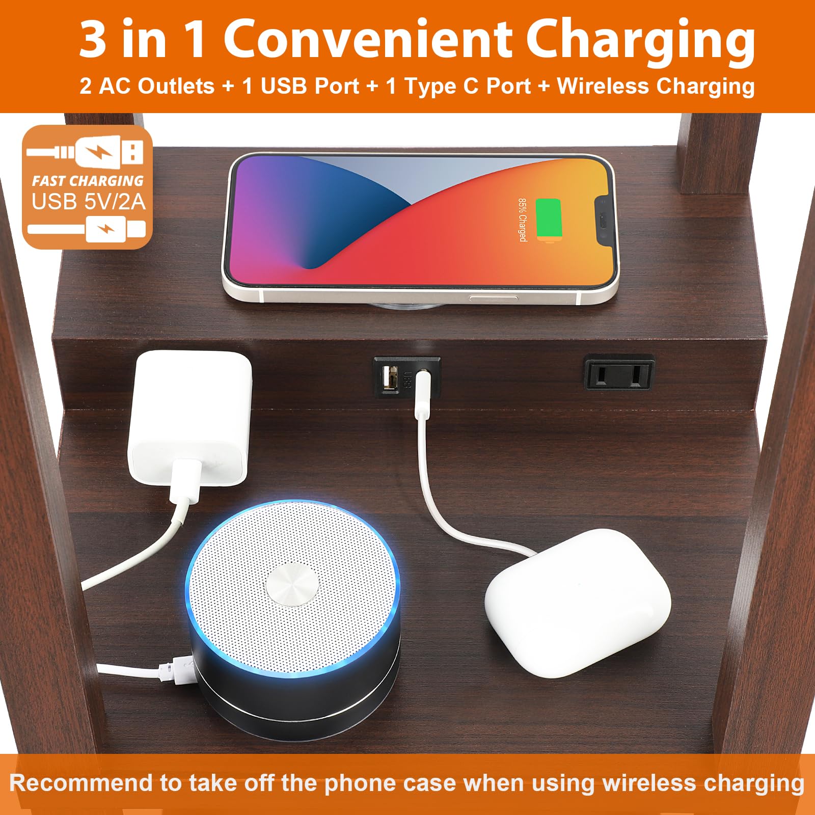 Mlambert Modern LED Shelf Floor Lamp with Wireless Charger, 2 USB Ports, 2 Power Outlets, Brown, Model A-092, Corner Light