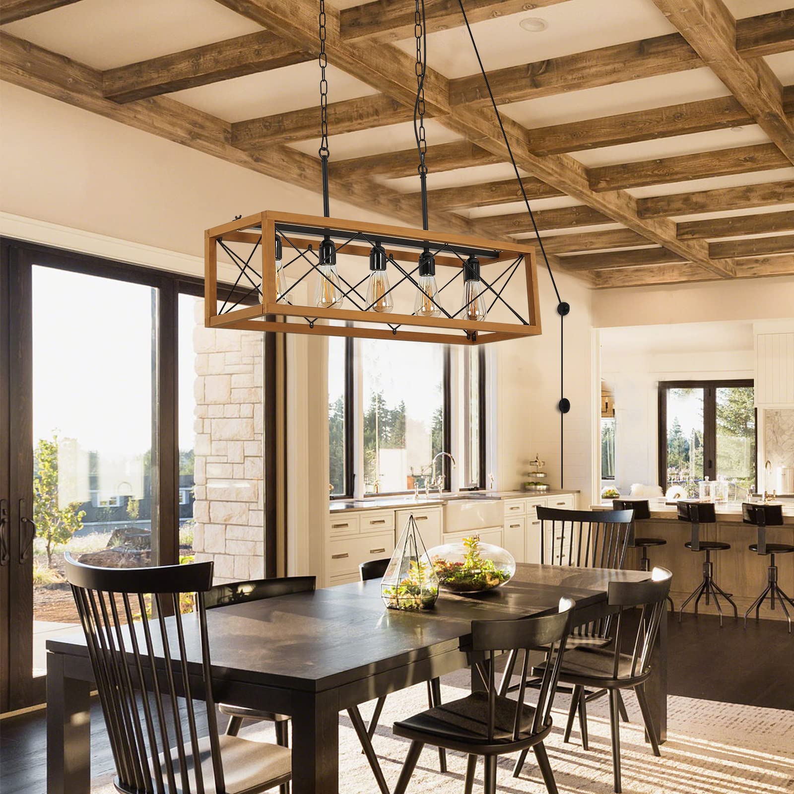 COSYLUX Rustic Farmhouse Chandelier - 5 Light Wood Linear Pendant with Detachable Plug for Dining Room & Pool Table, Black Finish