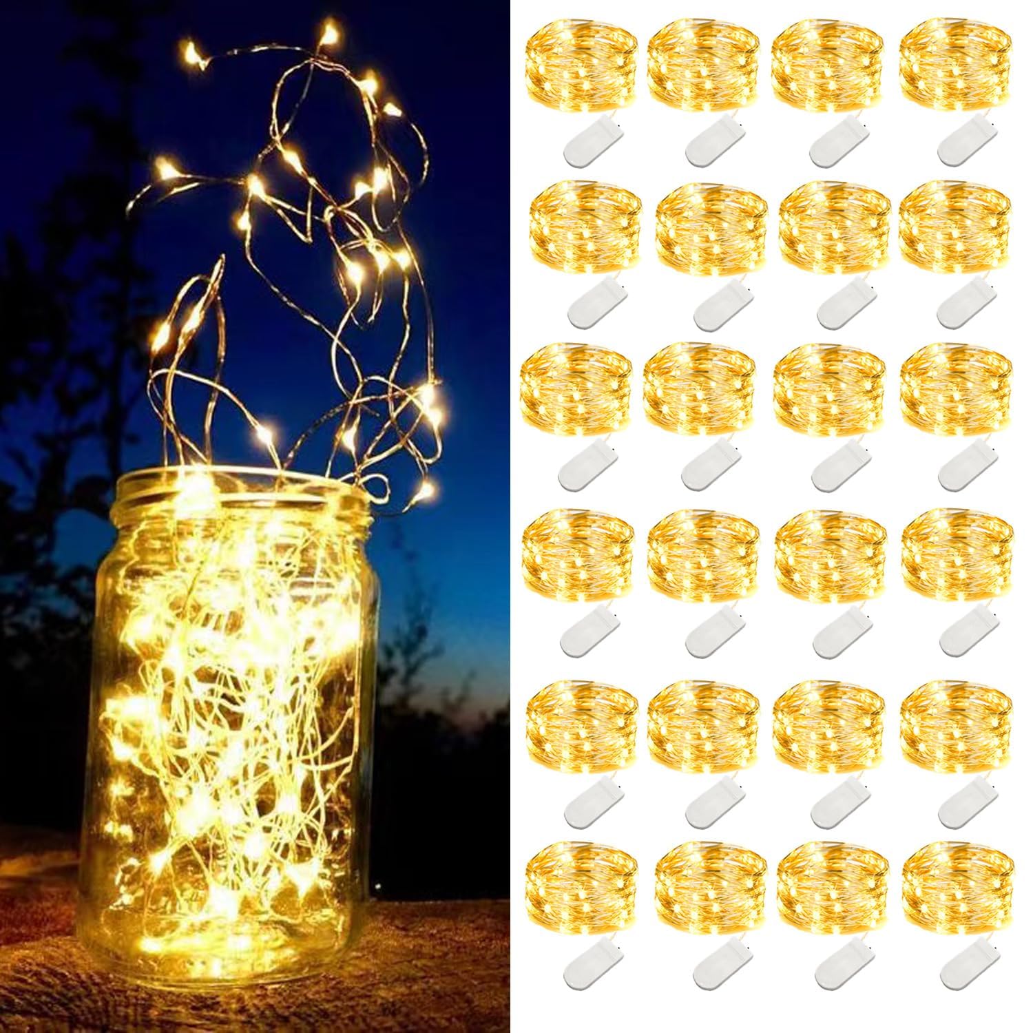 LEDIKON Fairy Lights, 24 Pack, 20 LED Warm White, 6.6ft Battery Operated, Metal, Model FL20L-24P25-1