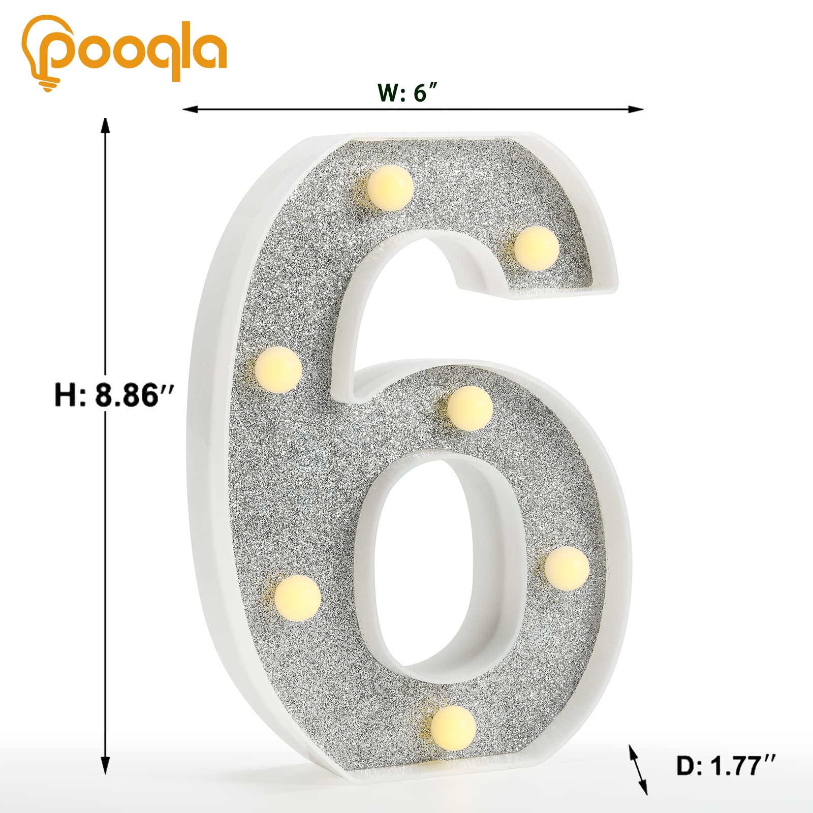 Pooqla Colorful Marquee Number 6 with Remote, RGB Light Up, Glitter LED, Battery Powered Decoration for Birthday, Wedding, Party